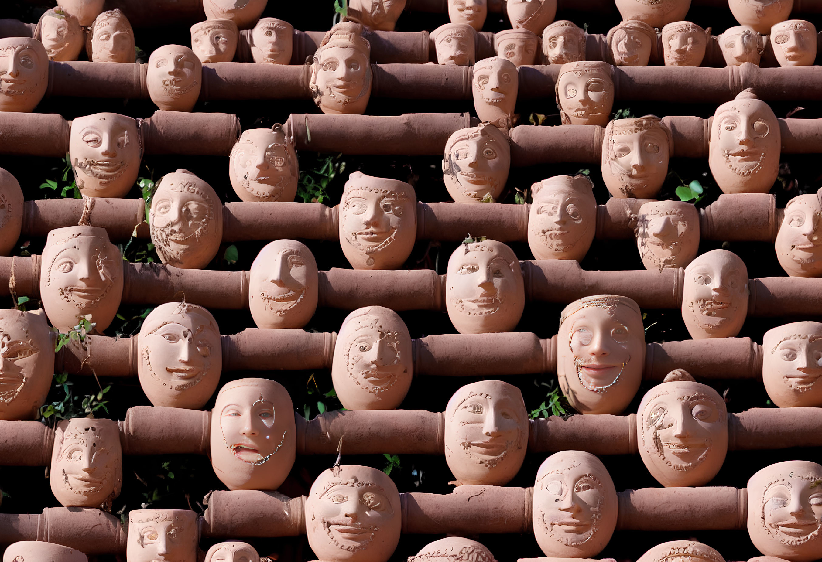 Terracotta figures with unique smiling faces under sunlight