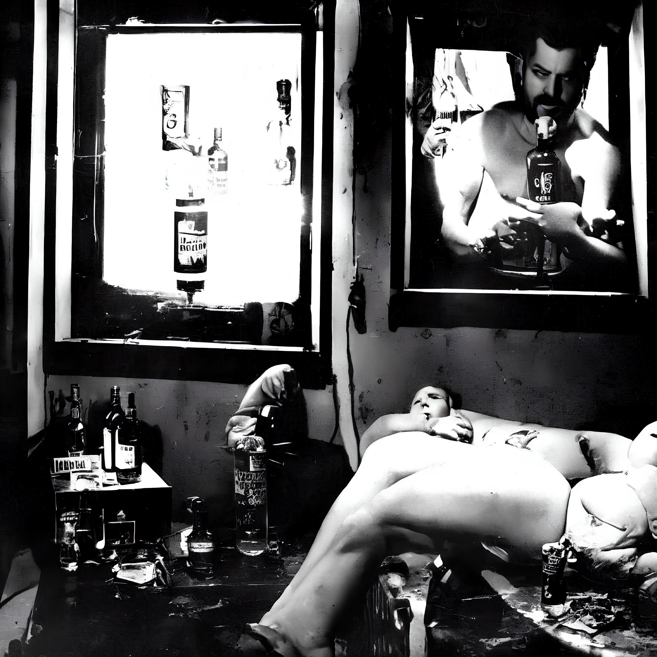 Monochrome image of reclining woman, man at window, and alcohol poster