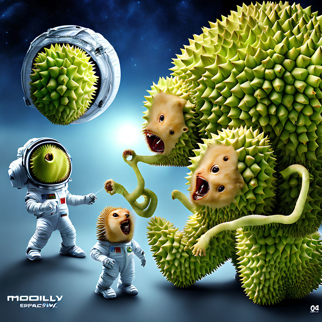 Surreal spacewalk with giant animated durian fruits and lion-like features