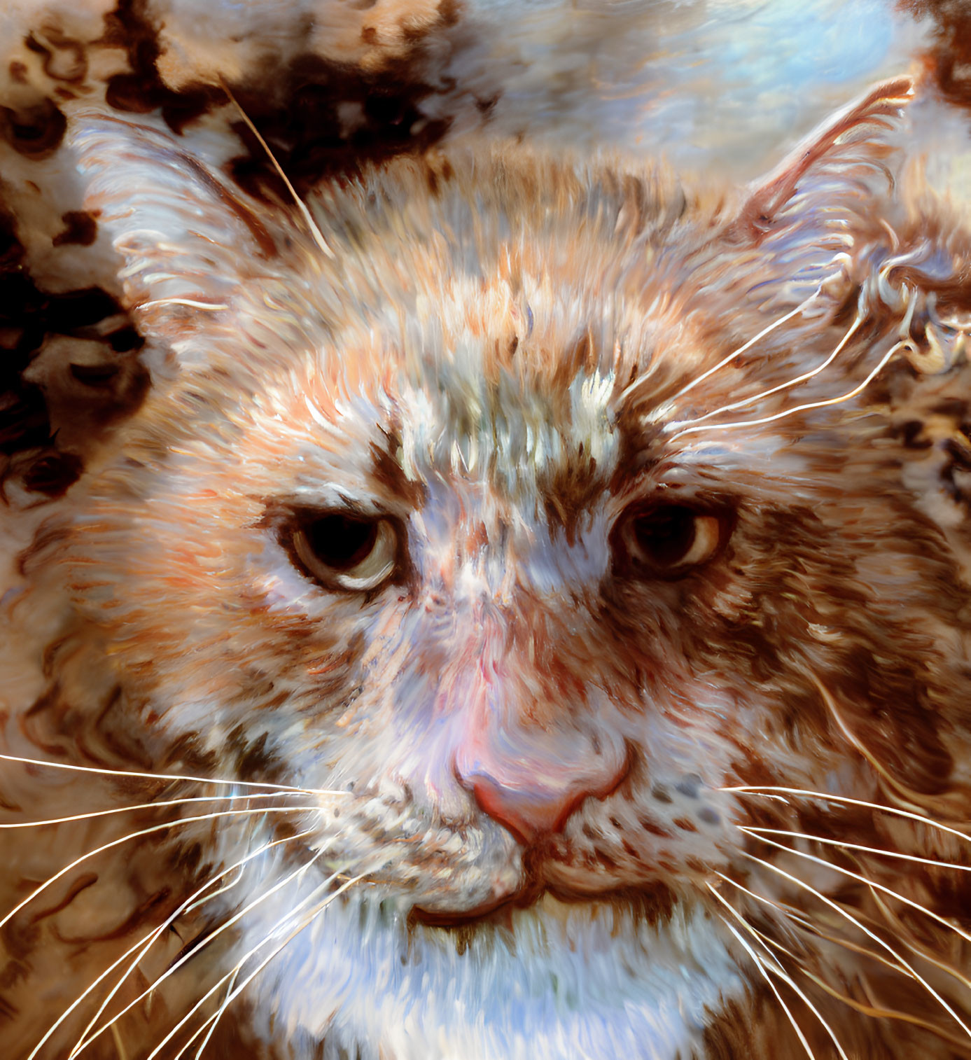 Detailed cat painting with warm earthy tones and intense gaze