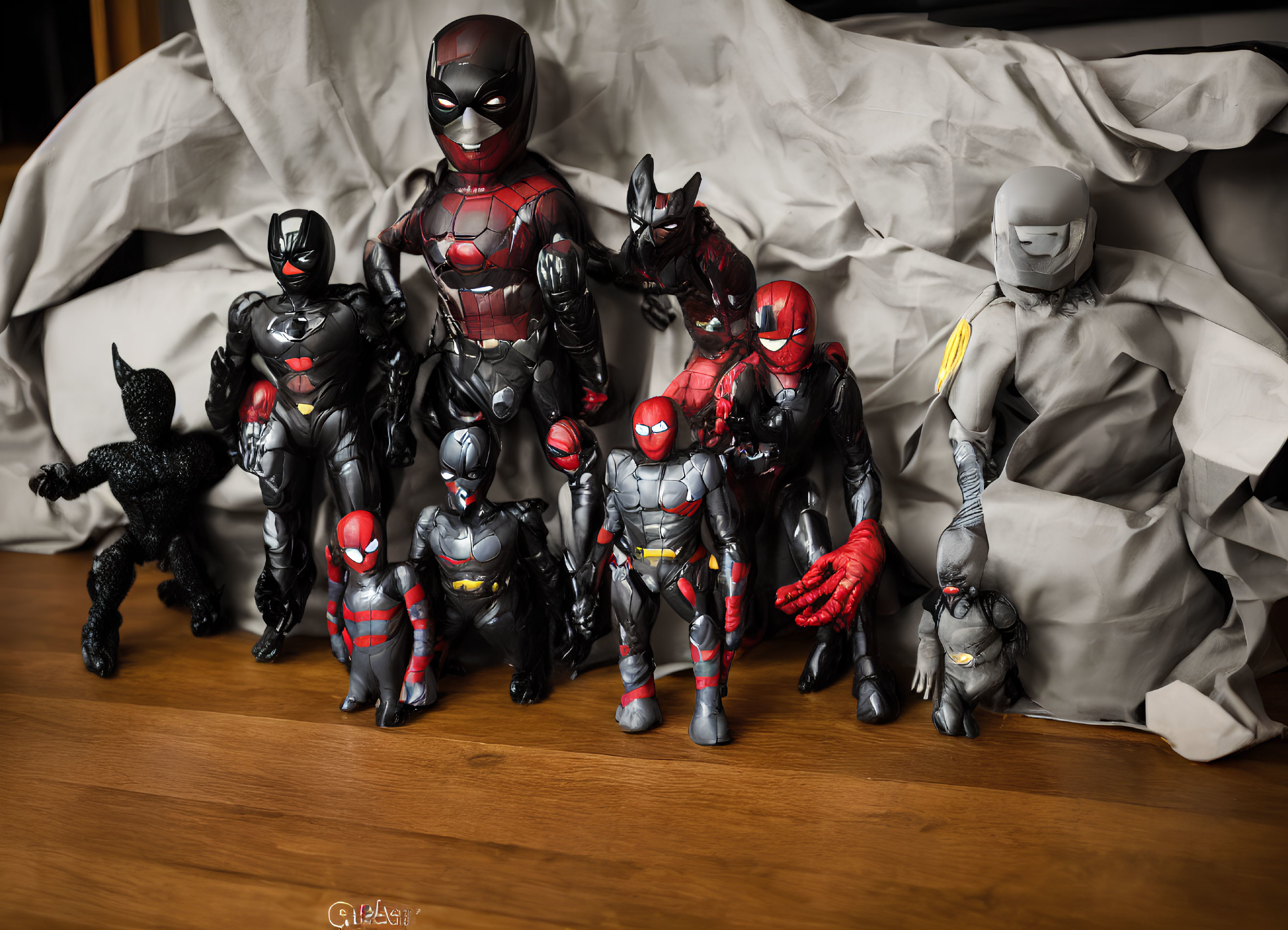 Assorted Deadpool Figures and Toys on Wooden Floor