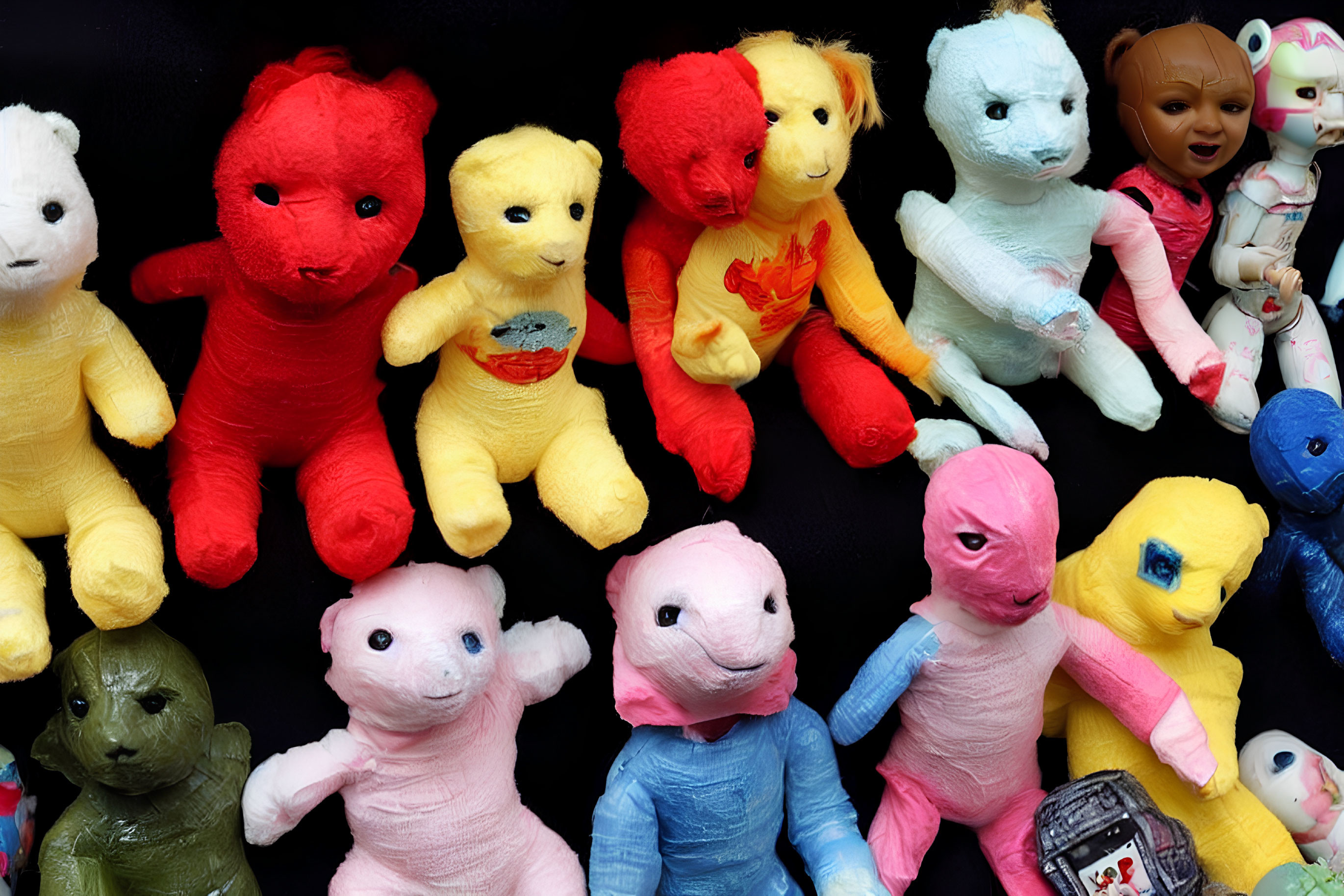 Variety of Colorful Stuffed Animals and Dolls on Black Background