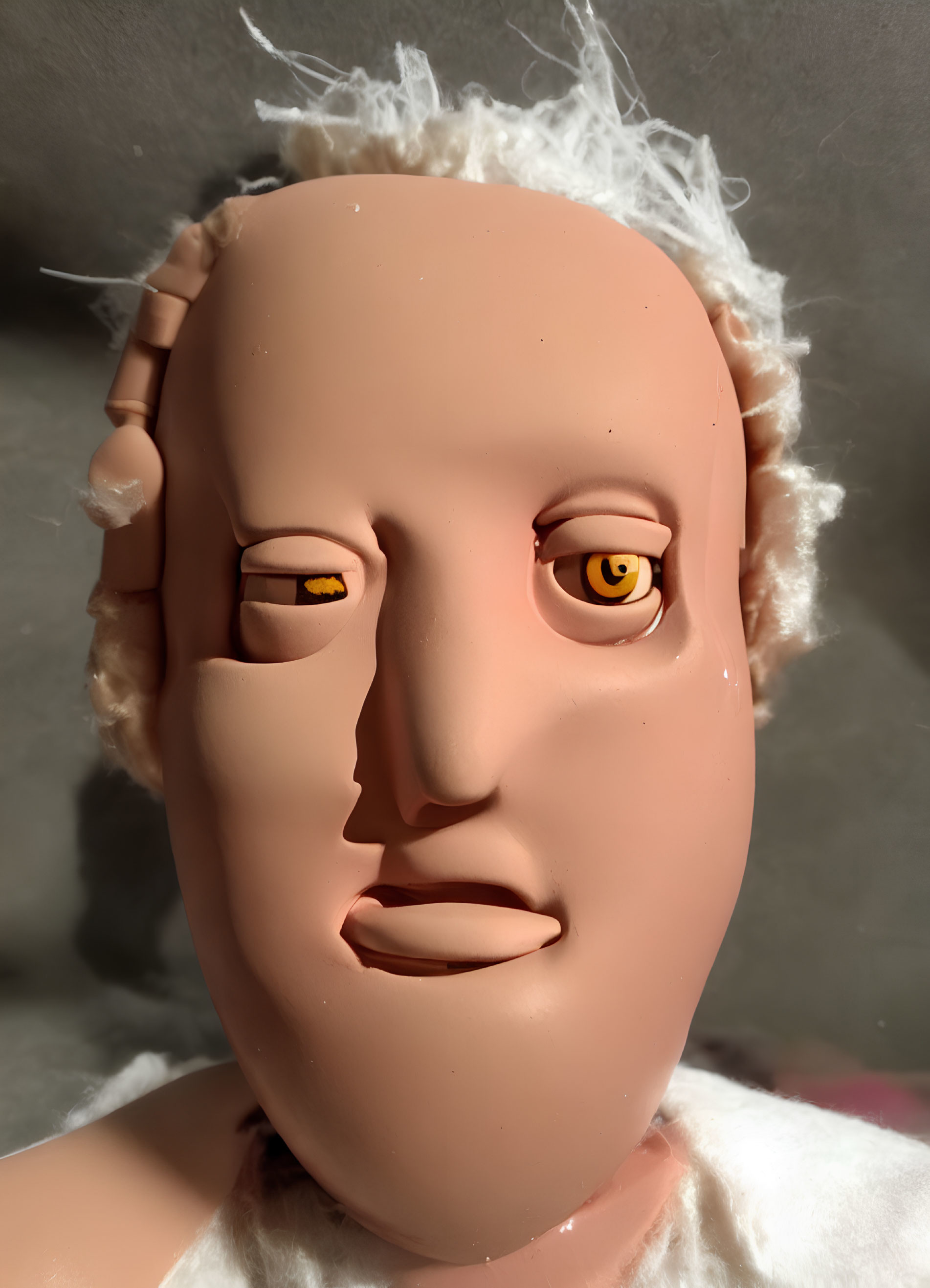 Detailed Close-Up of Doll's Head with Yellow Eyes and Mechanical Components