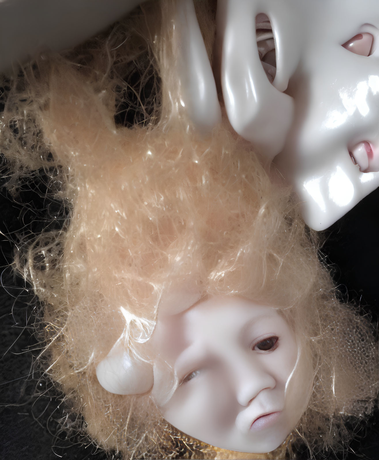 Theatrical masks with comedy and tragedy symbols and blonde, curly hair