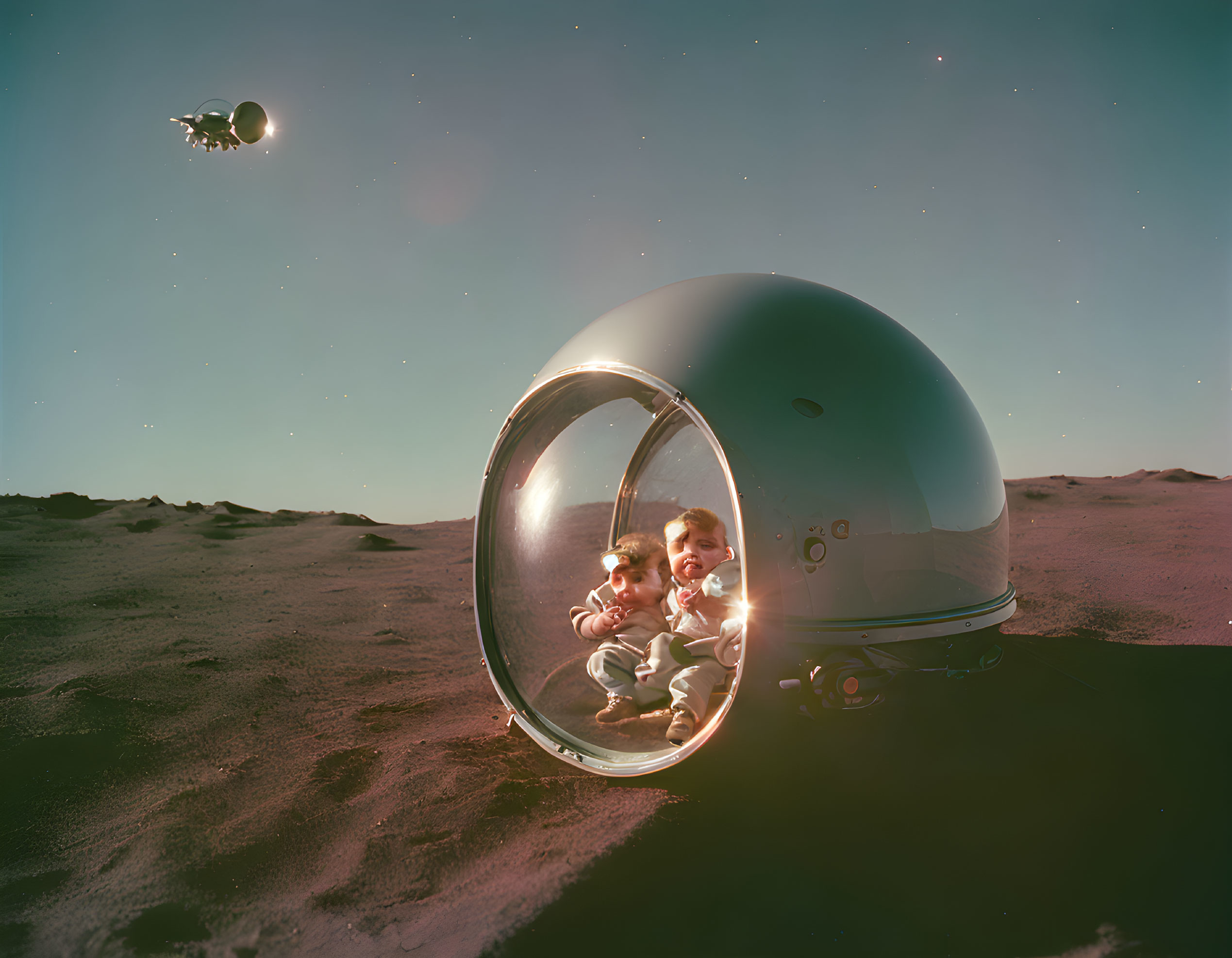 Astronauts in spherical lunar habitat with transparent wall on barren moonscape