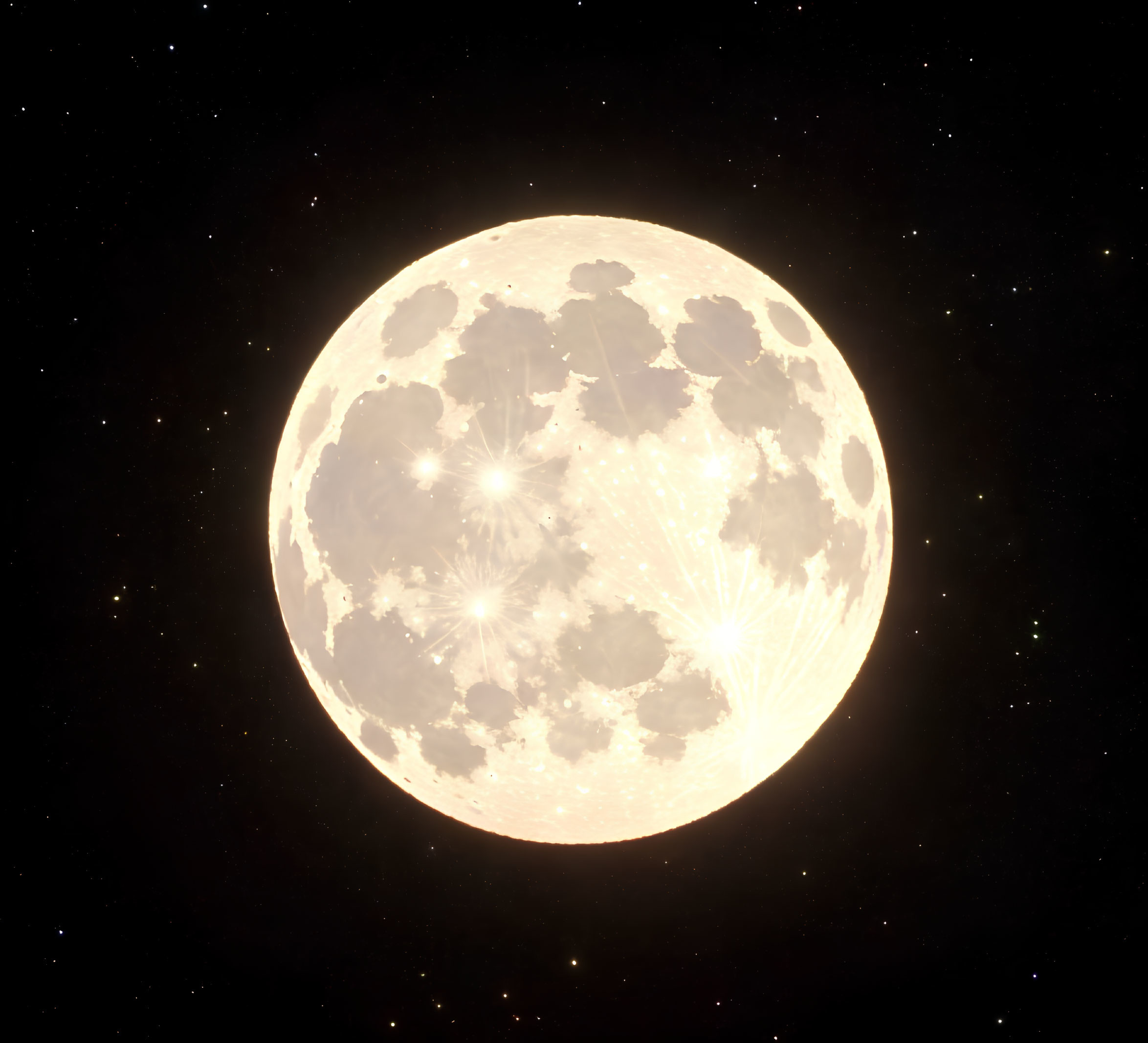 Detailed full moon with craters in starry night sky.