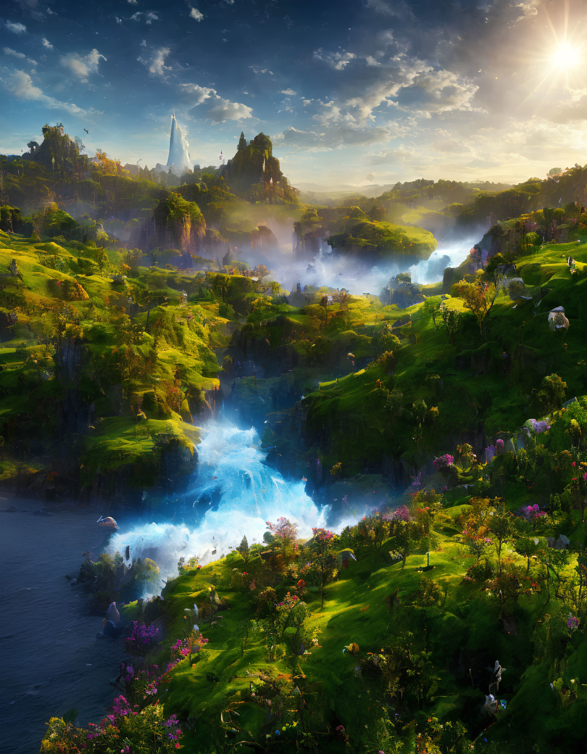 Fantasy landscape with greenery, waterfalls, river, mist, and sun