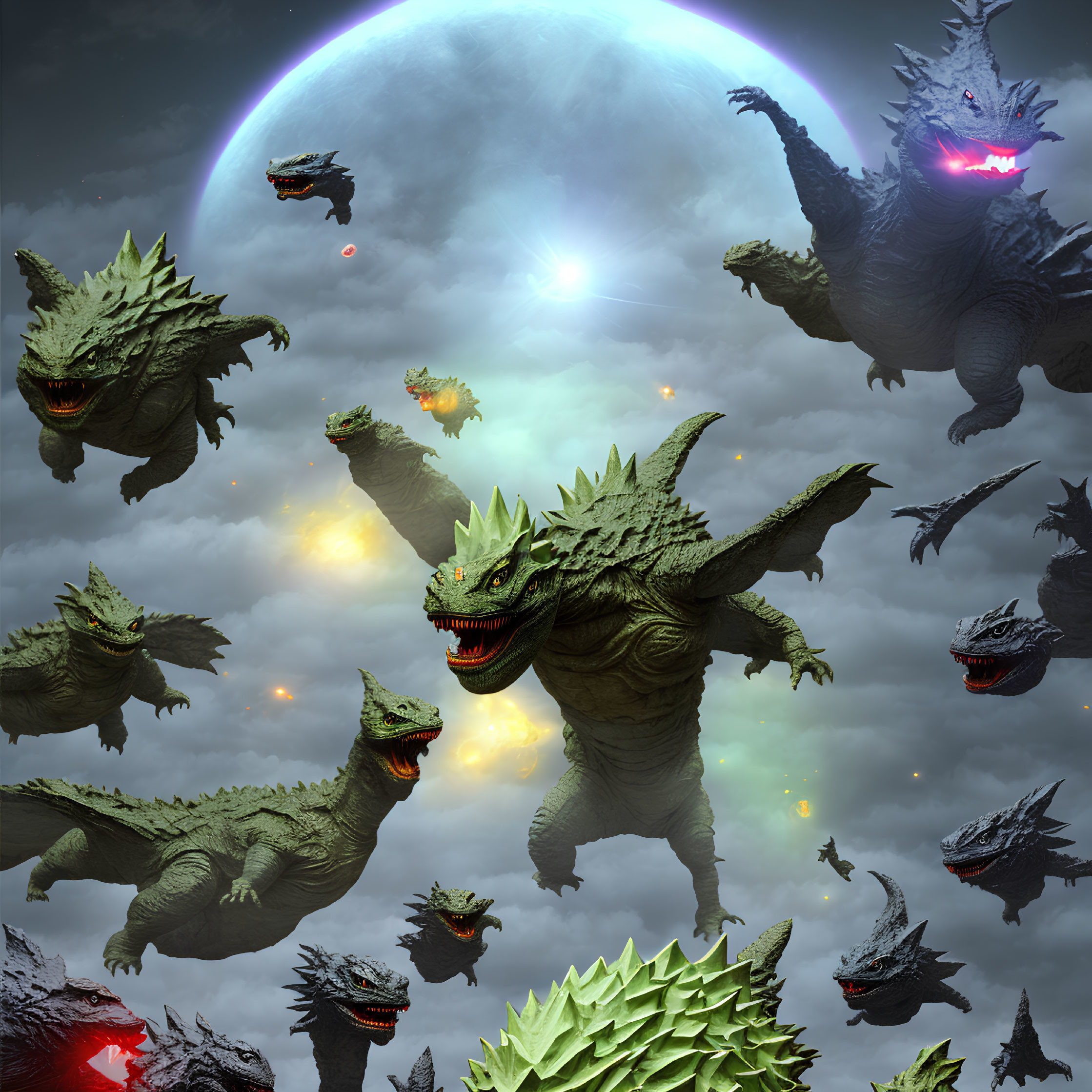 Fantasy scene with multiple menacing creatures under moon and distant planet