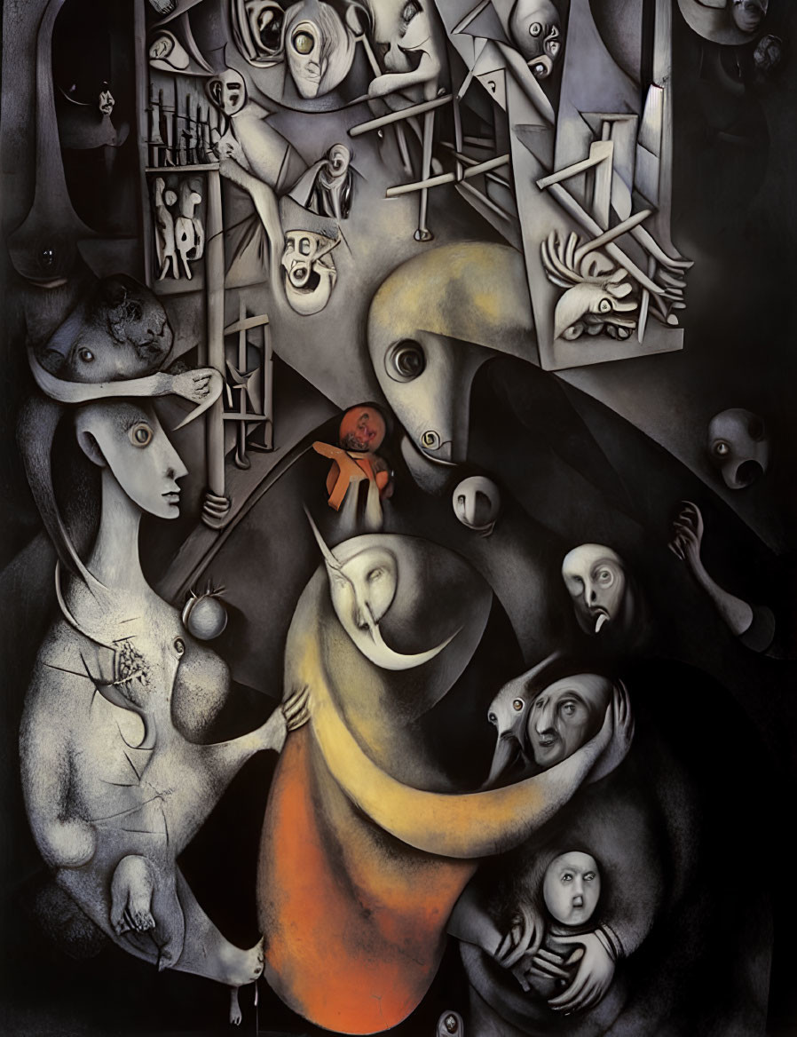 Surreal painting: Distorted figures and faces with multiple eyes on dark, abstract background