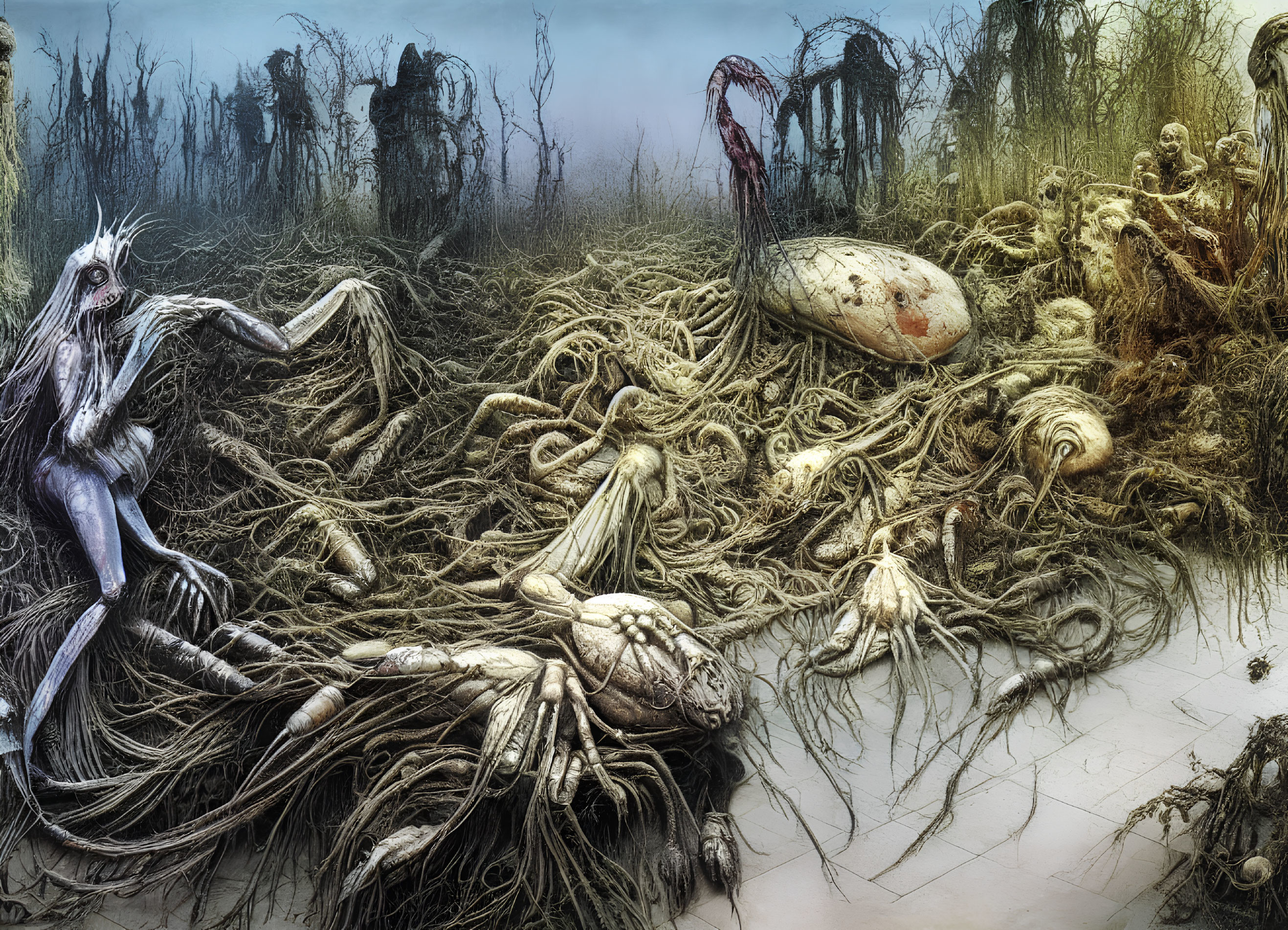 Grotesque surreal landscape with twisted figures and entangled roots