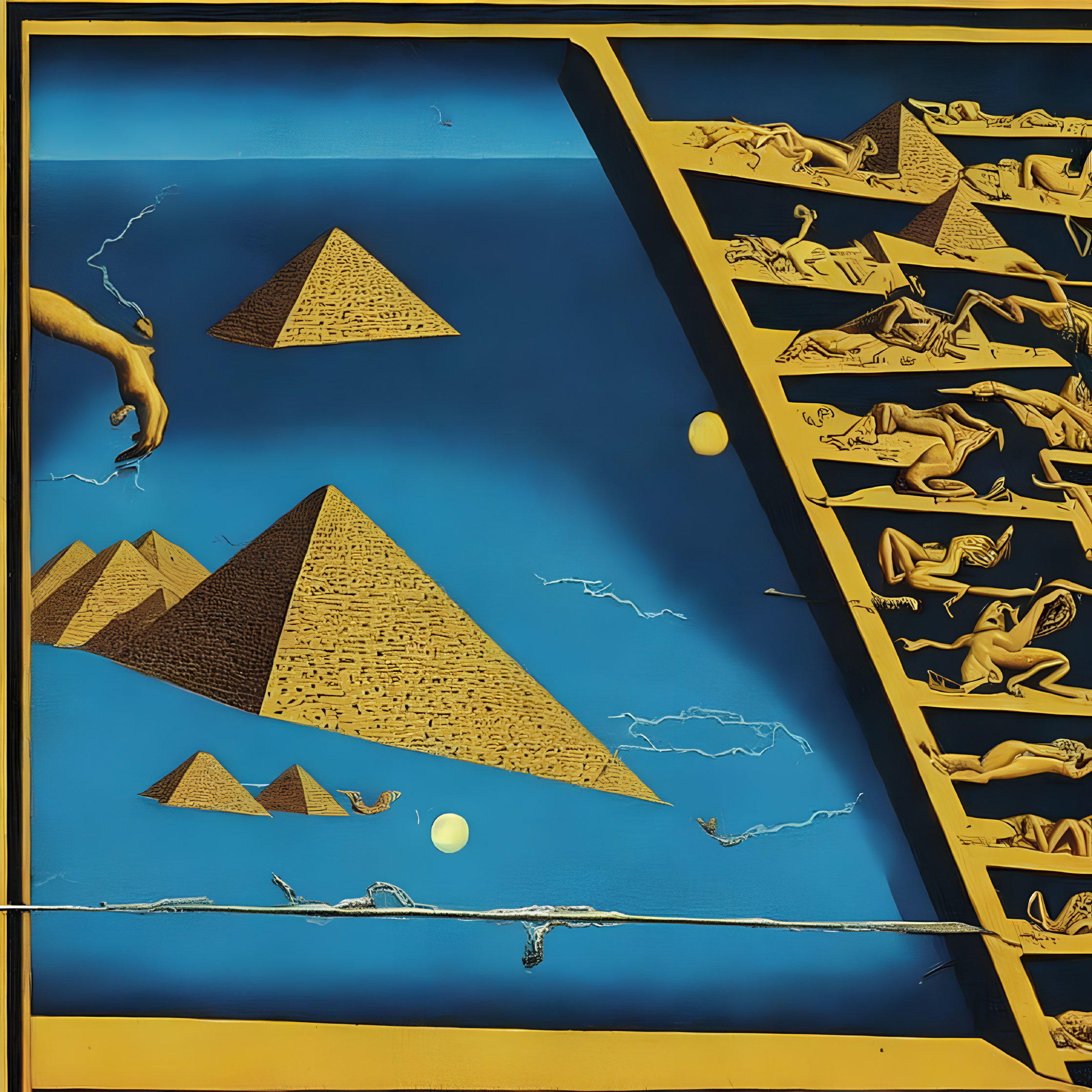 Surreal Egyptian pyramid art with human figures and celestial elements