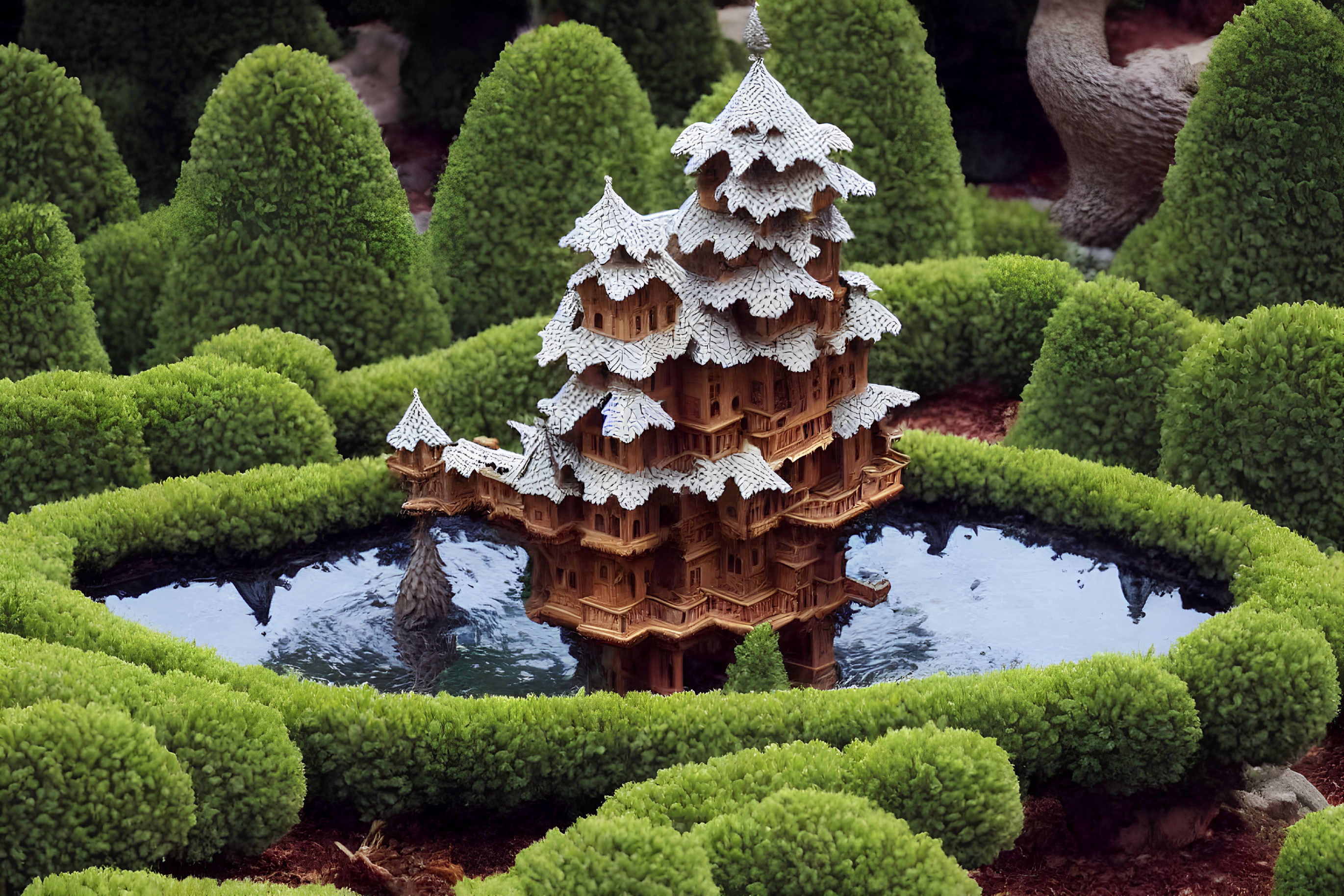Wooden Pagoda Surrounded by Green Shrubbery and Reflective Pond