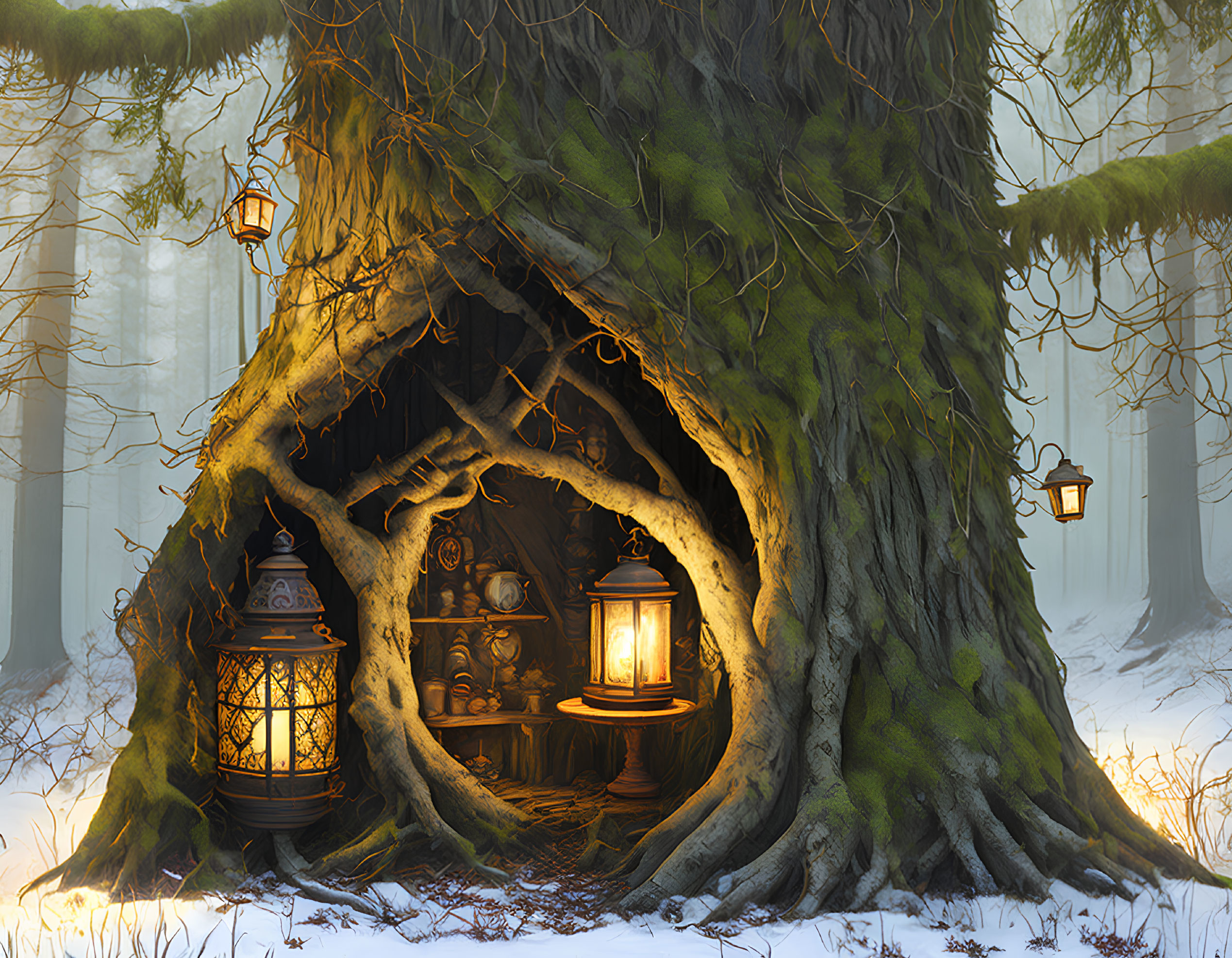 Enchanting tree hollow with cozy lantern-lit interior in mystical forest