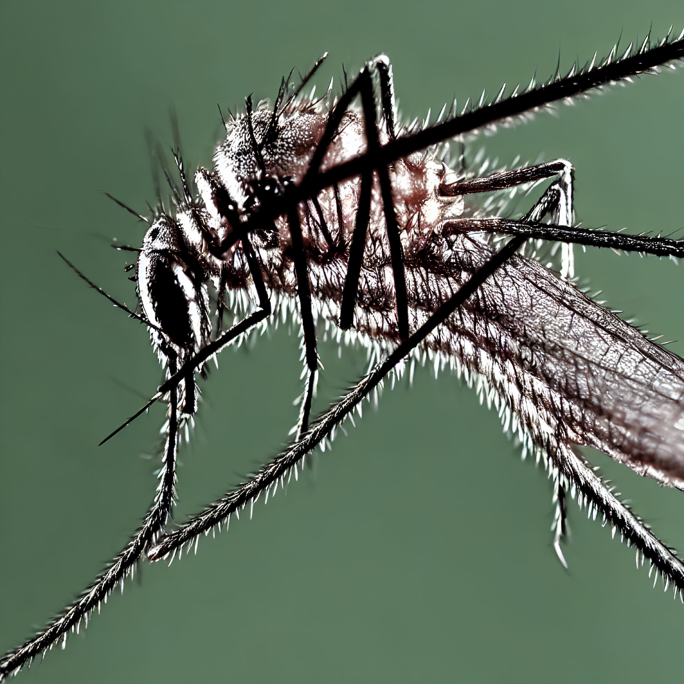 Macro shot of mosquito on green background, highlighting wings and proboscis