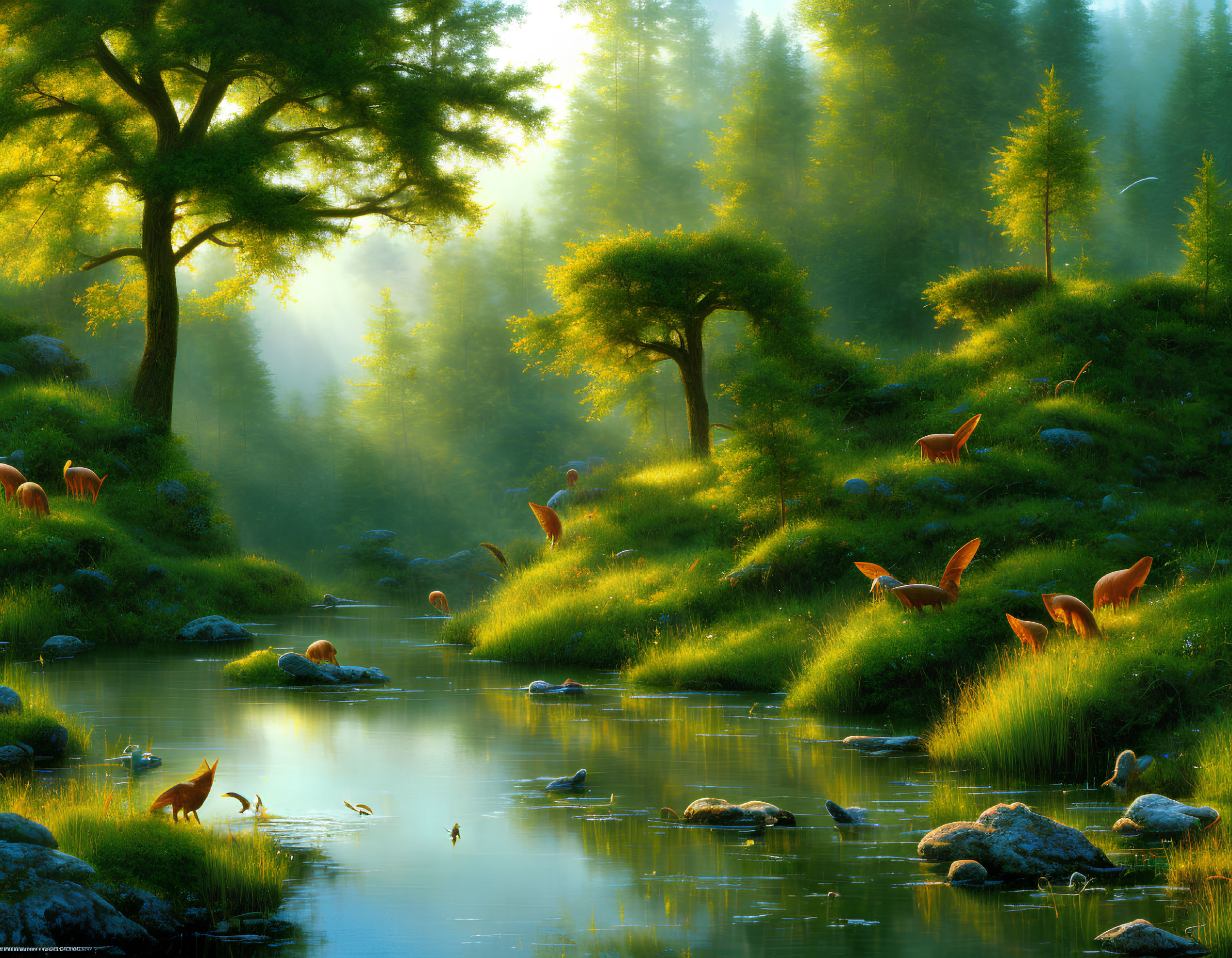 Tranquil forest scene with deer, fox, sunlit trees, mist, and stream
