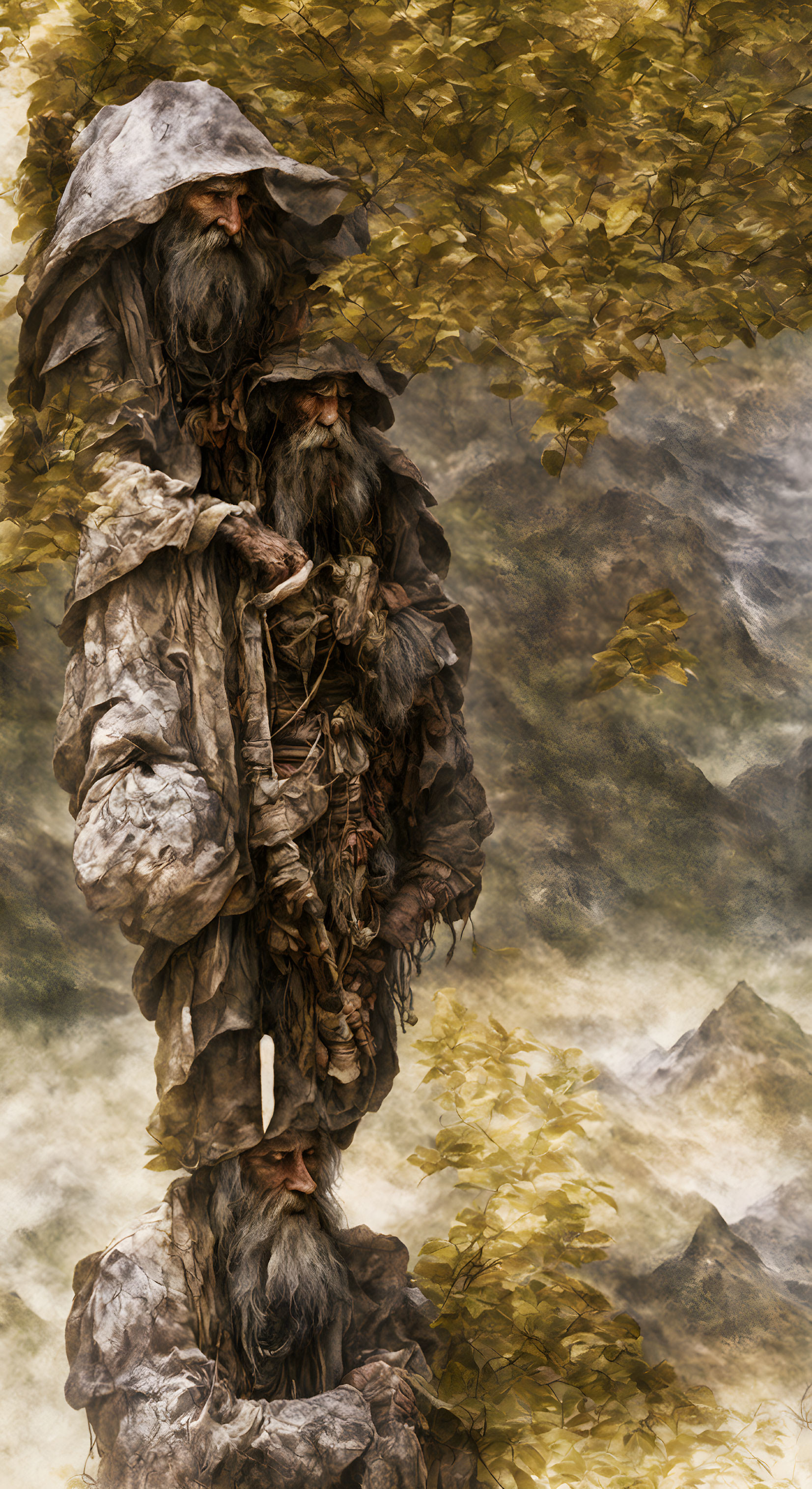Three aged, bearded figures in earth-toned robes blend into misty forest background