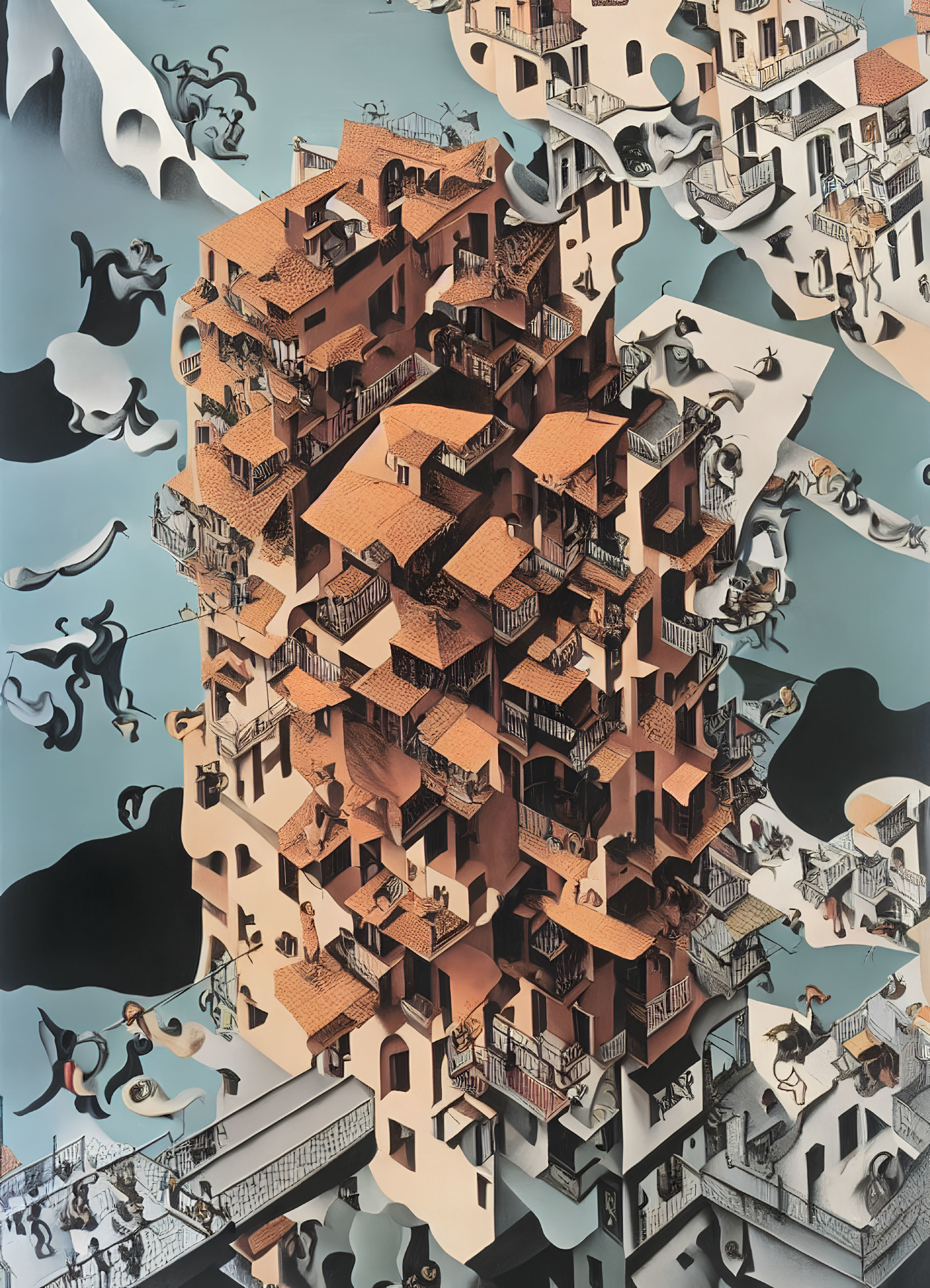 Surreal illustration of gravity-defying buildings with flying fish and birds