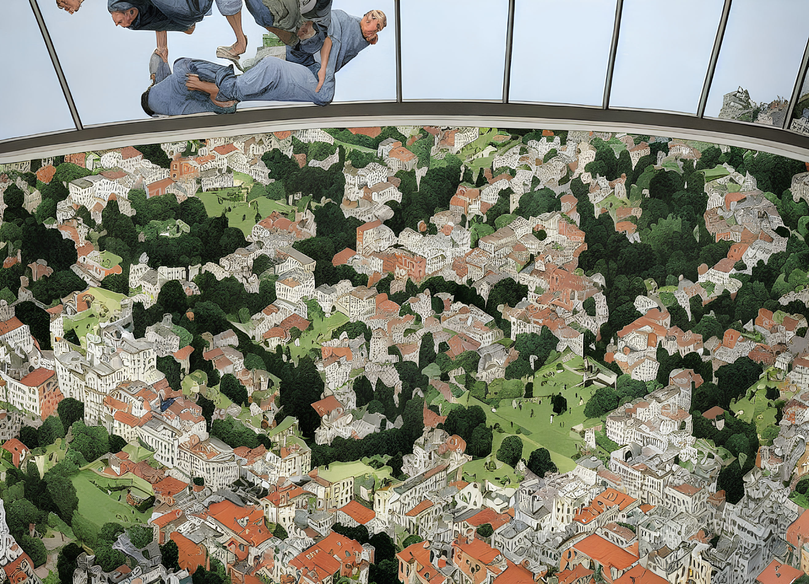 People on Glass Floor Above Realistic Aerial City Painting
