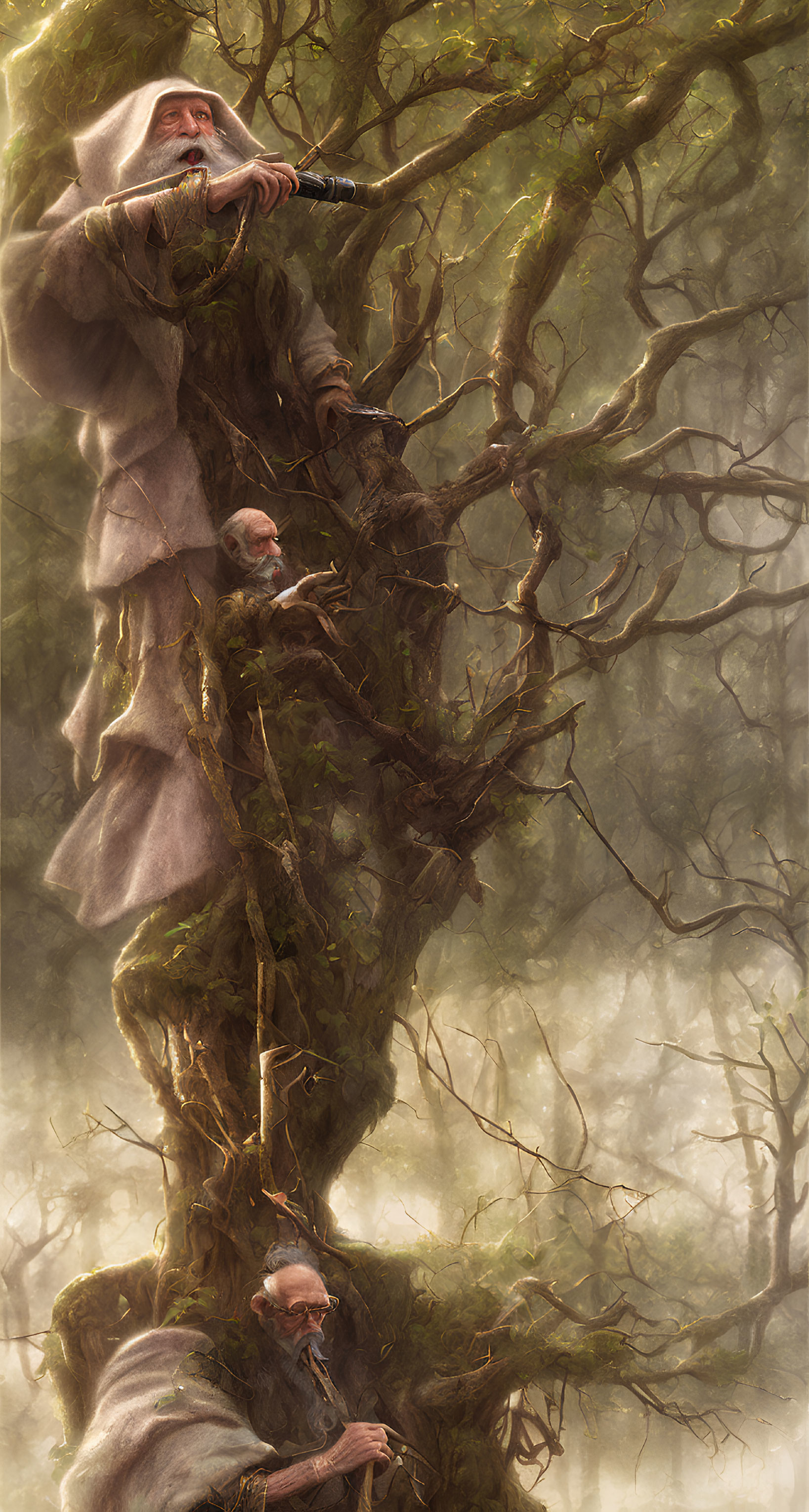 Ethereal illustration of three wizard-like figures in misty, golden light