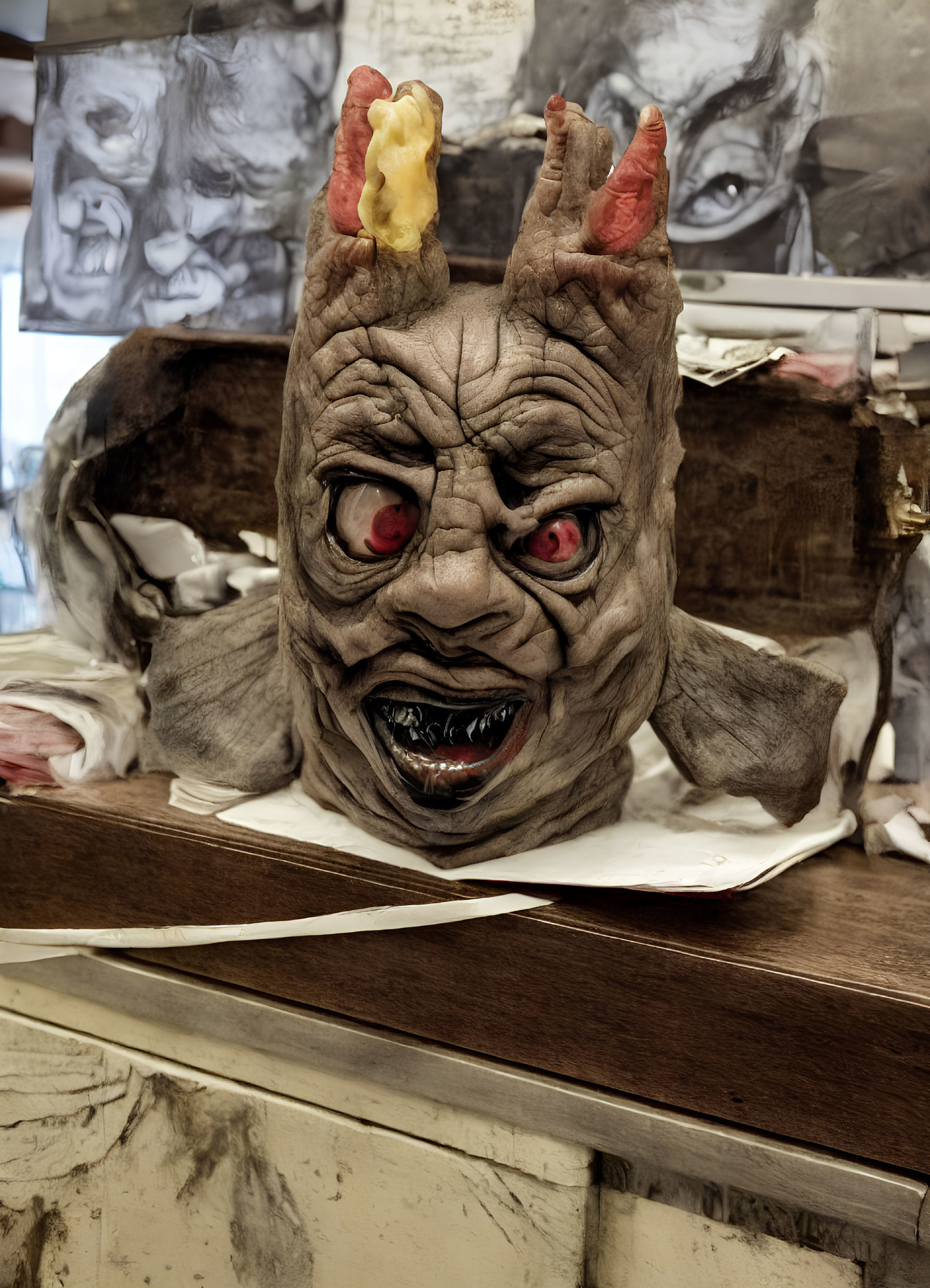 Detailed Demonic Creature Mask with Red Eyes, Teeth, and Horns on Artist's Table