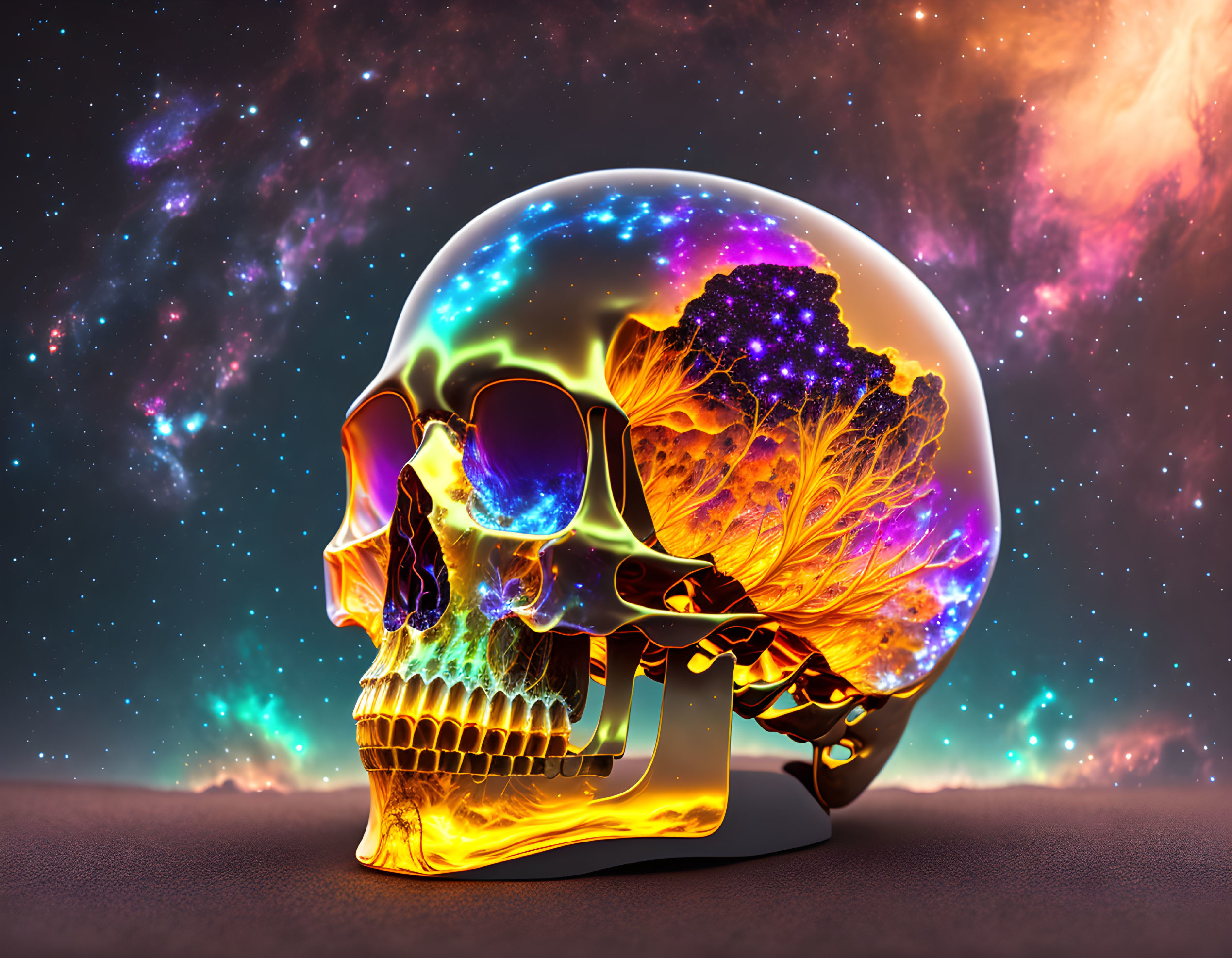 Transparent Skull with Vibrant Colors on Cosmic Background