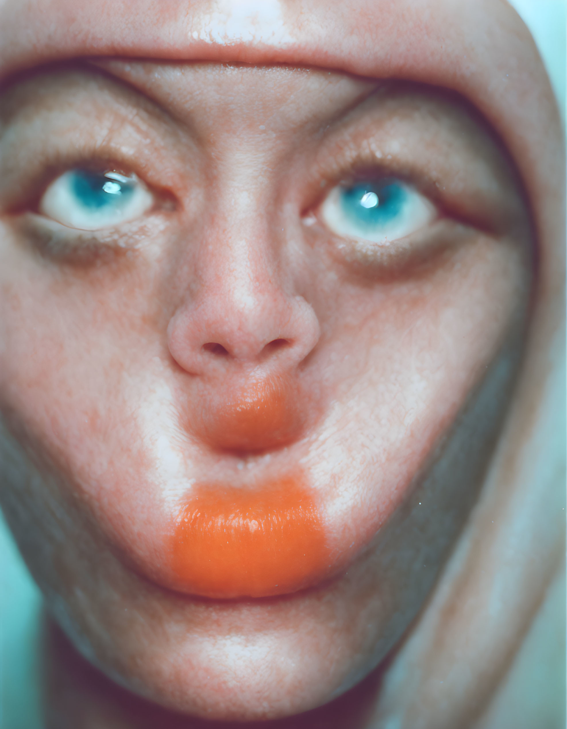 Person with skin-toned mask accentuating blue eyes and orange lips.