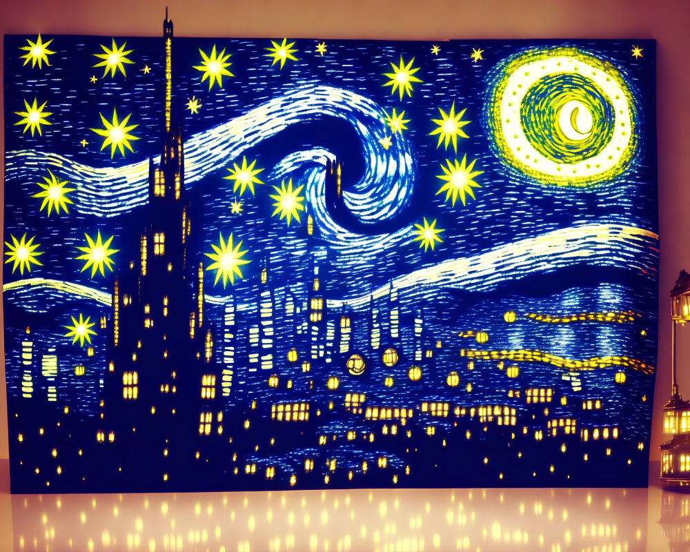 Vibrant recreation of Starry Night on large screen in dark room