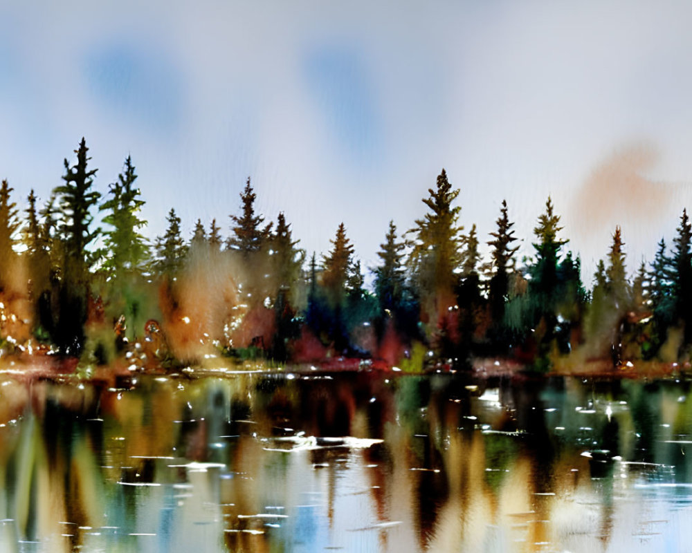Panoramic watercolor painting of serene forest and lake in autumn.