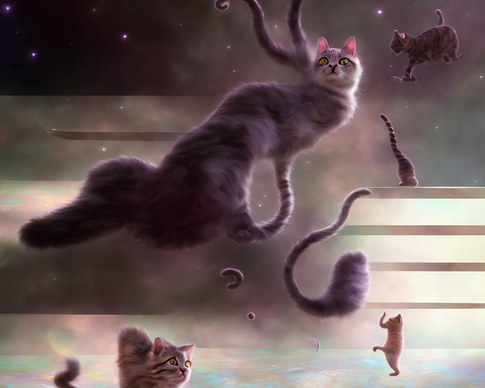 Whimsical surreal illustration of floating cats in cosmic setting