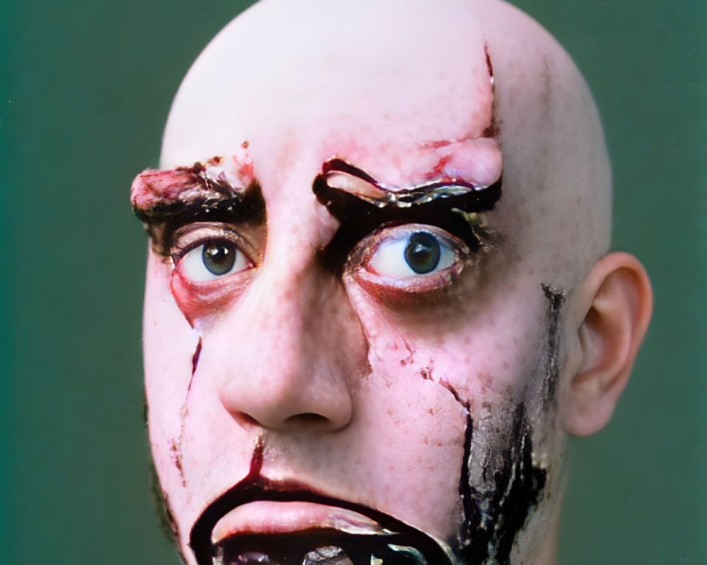 Person with dramatic gory-themed makeup and exaggerated forehead eyes.