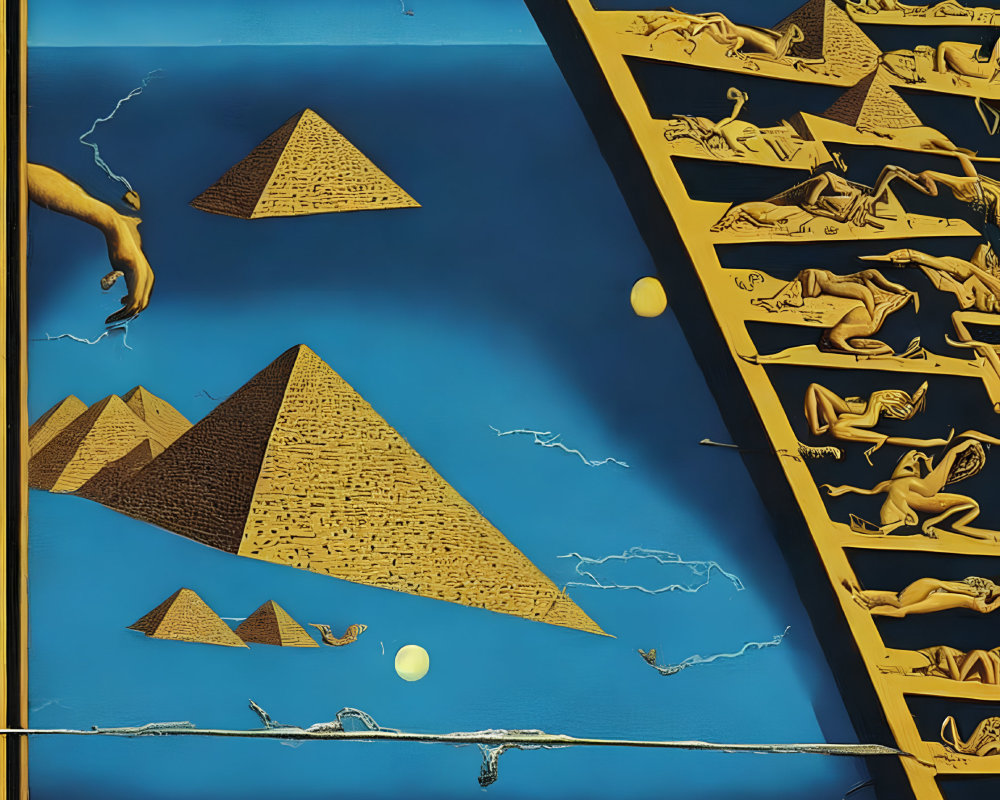 Surreal Egyptian pyramid art with human figures and celestial elements