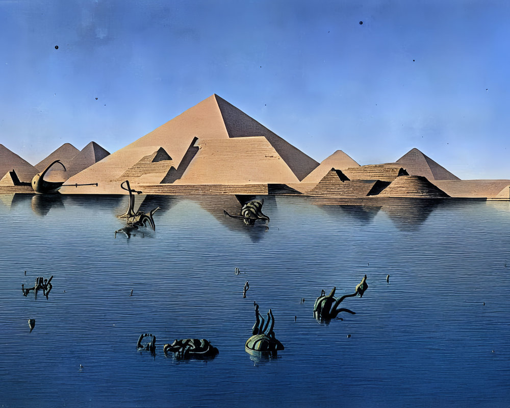 Surrealist artwork with doubled Egyptian pyramids and floating Anubis statues