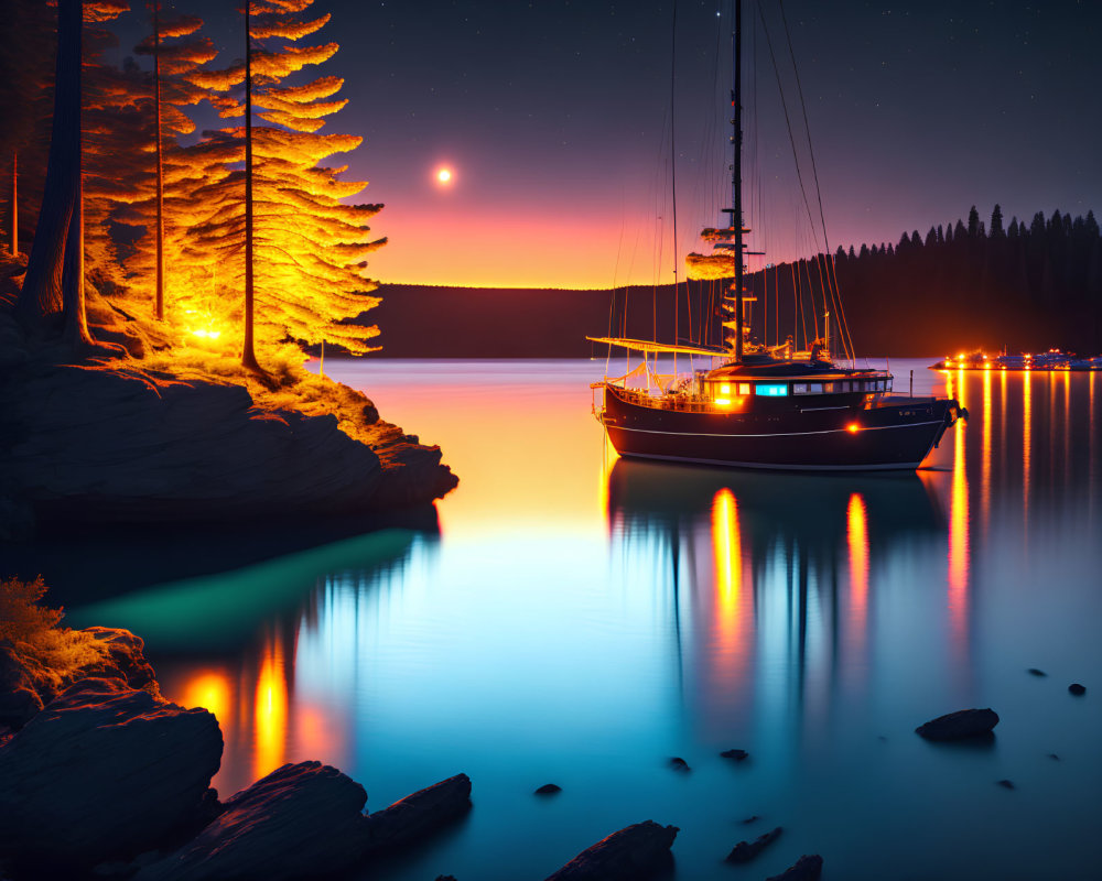 Tranquil night landscape with boat, moonlit trees, and calm waters