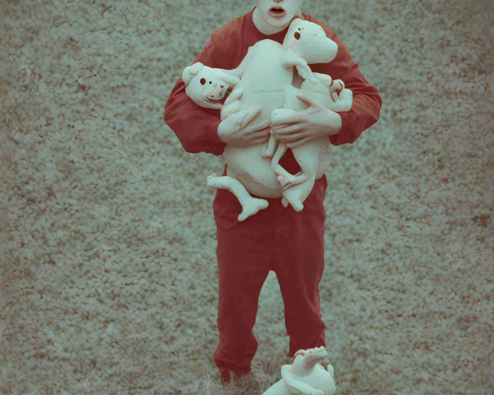 Bald person in red clothing with dolls on grassy background