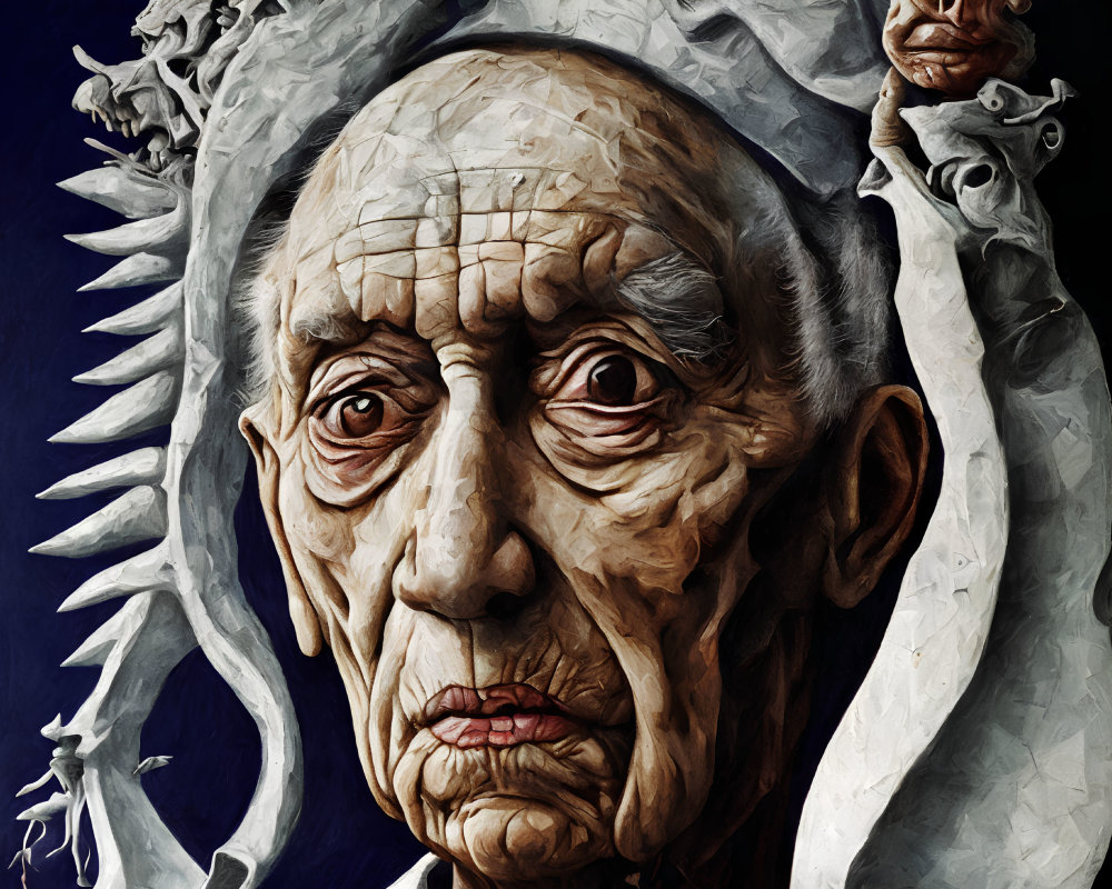 Detailed hyper-realistic illustration of elderly person with wrinkles and skeletal figures.