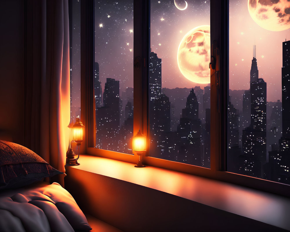 Nighttime city skyline view from cozy room with glowing lamps, starry sky, moon, and planets