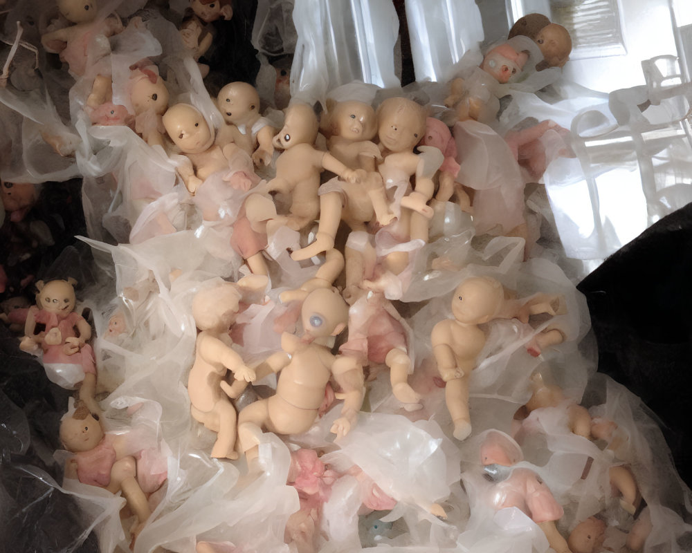 Disassembled doll parts in clear plastic bags