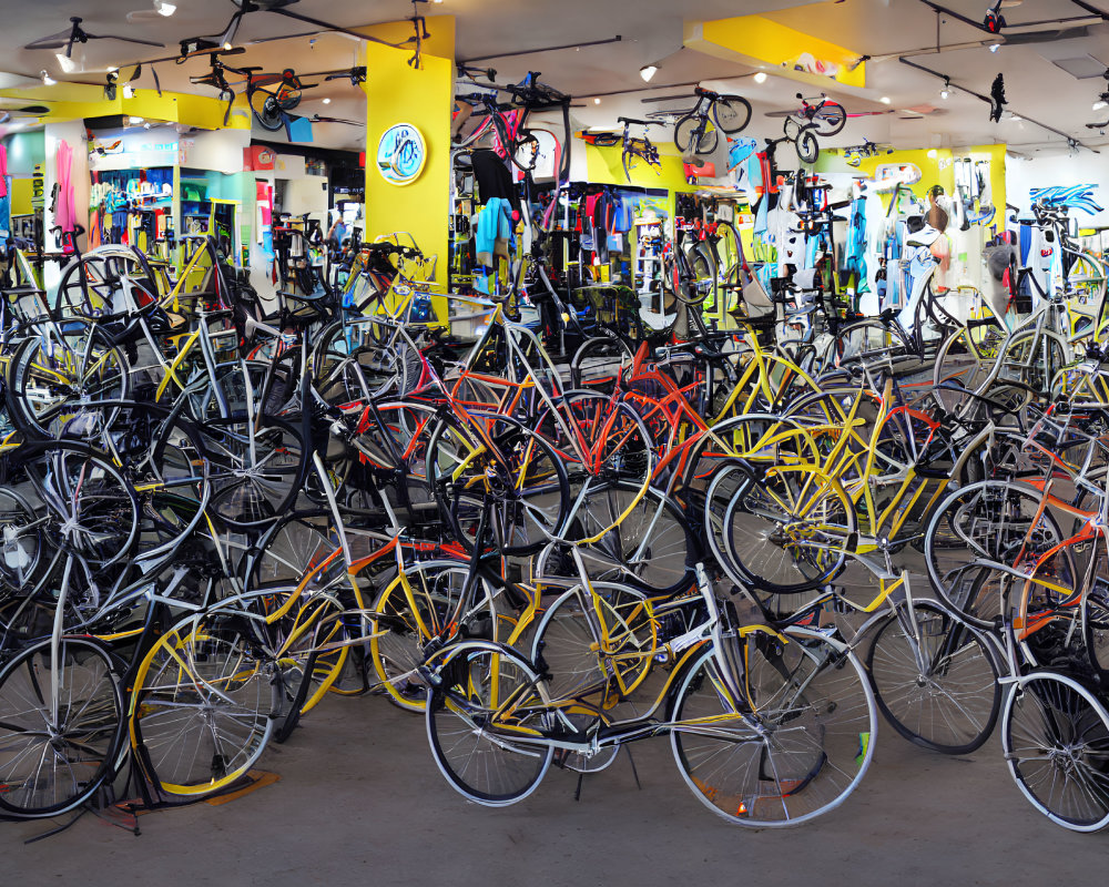 Colorful array of bikes and gear in bustling bicycle shop