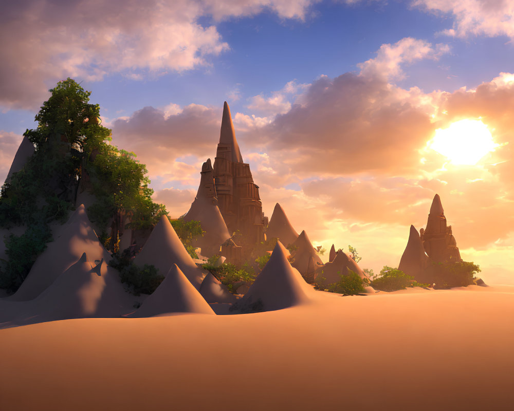 Majestic fantasy landscape at sunset with spires and lush trees
