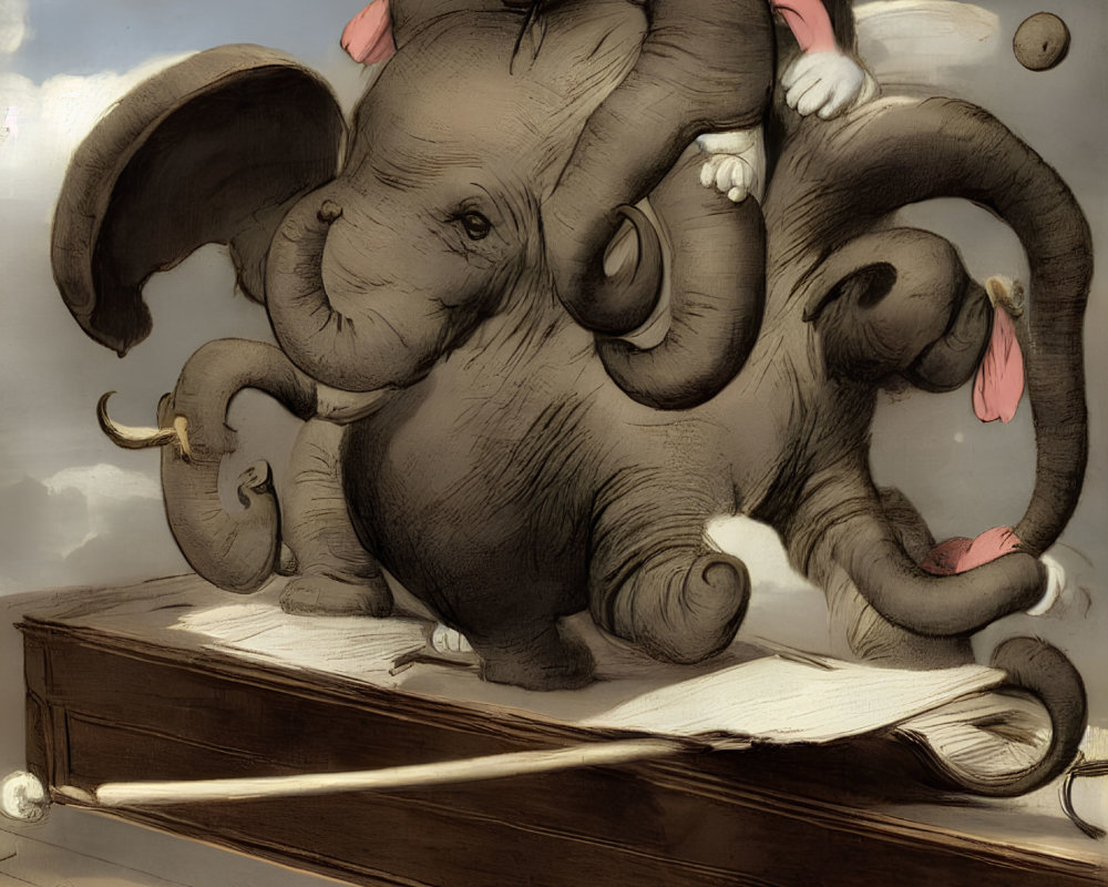 Whimsical illustration: Cat on balancing elephant in circus act