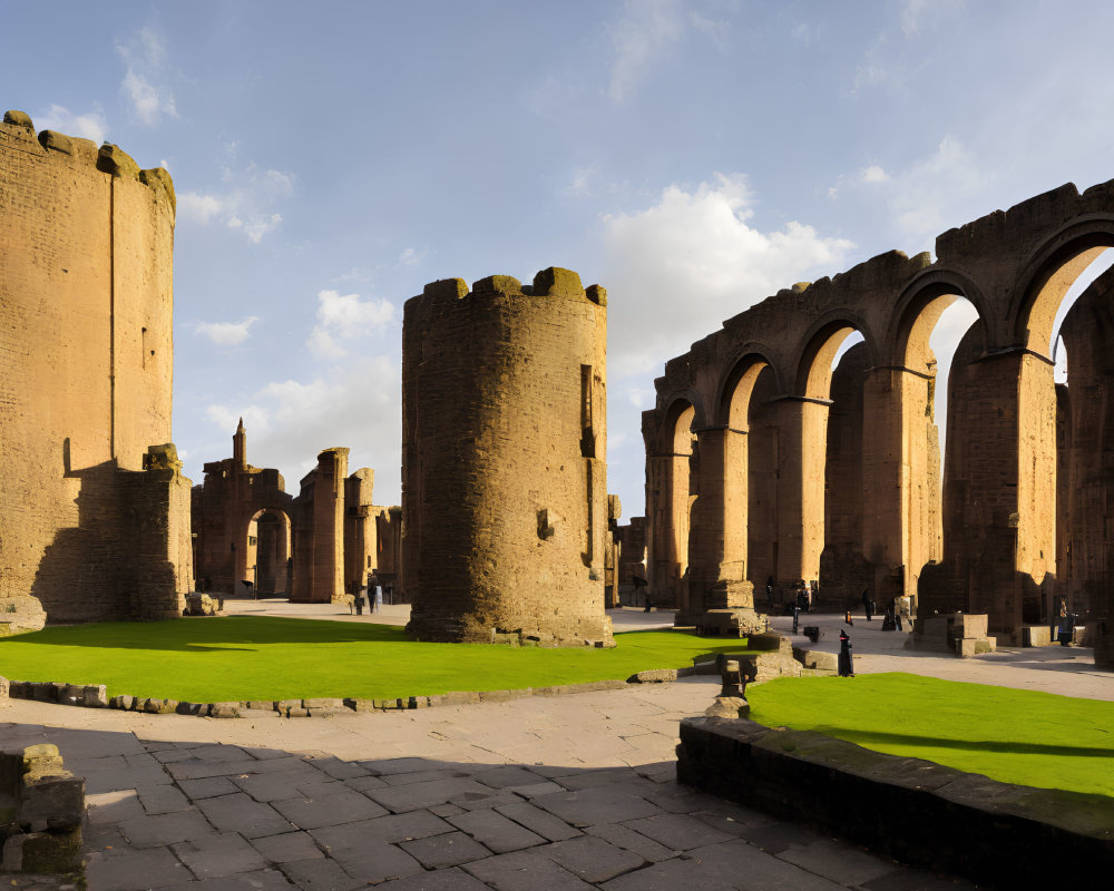 Ancient ruins with tall archways and columns under clear blue sky