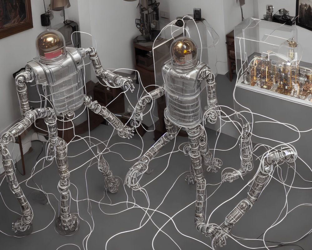 Transparent humanoid robots connected by tangled wires on gallery floor