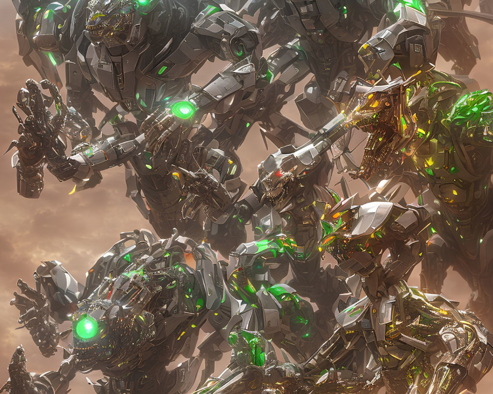 Intricate towering robots with green glowing details in atmospheric setting