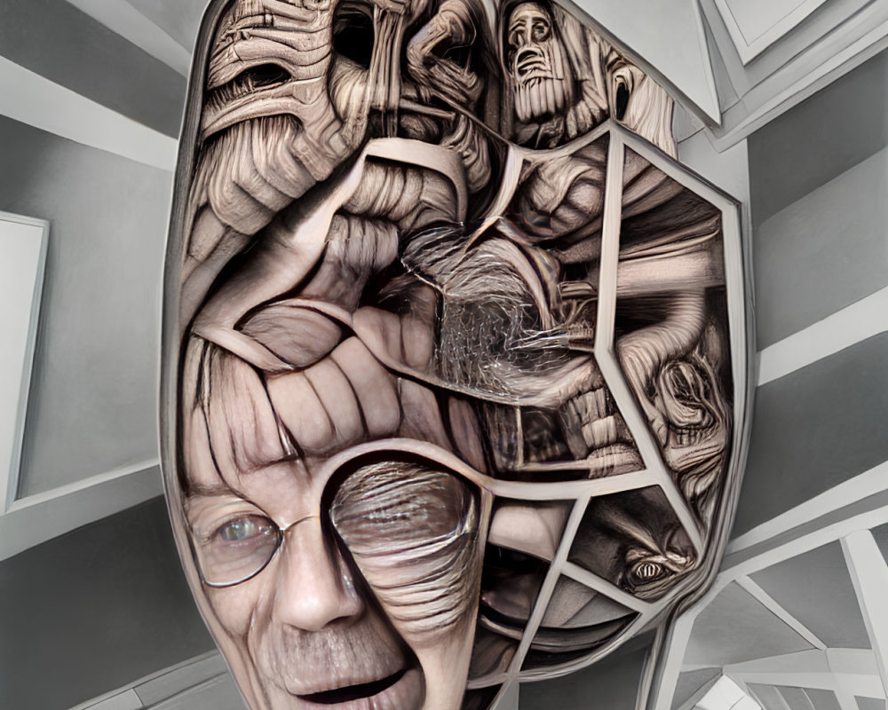 Surreal illustration of fragmented human face against abstract backdrop