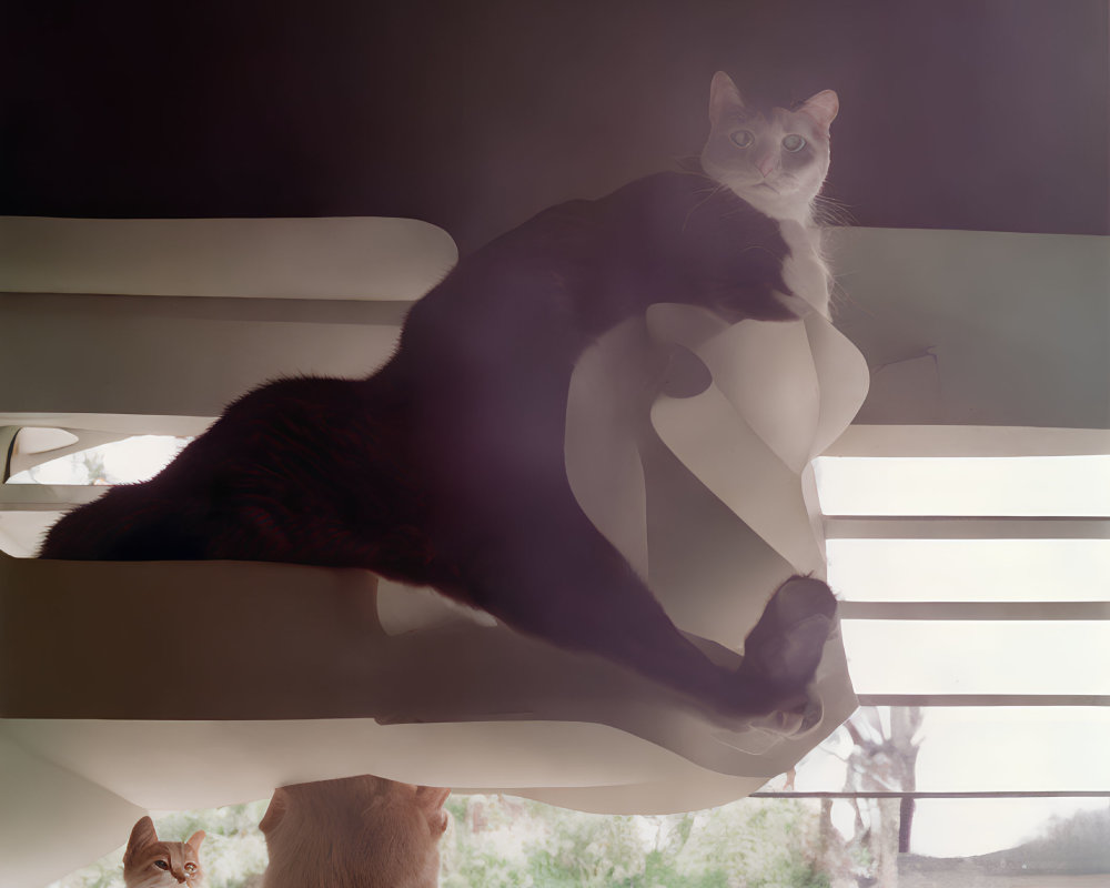 Three cats in black and white - one lounging on a window blind, two watching.