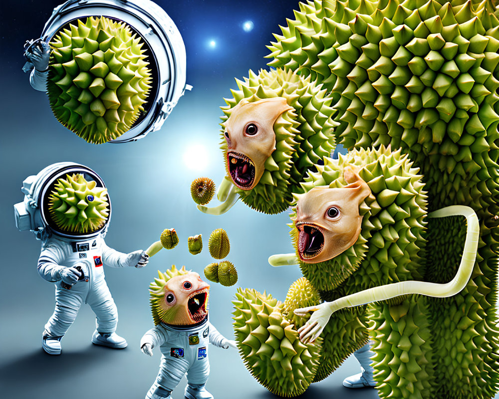Astronauts encounter durian-like aliens in space scene