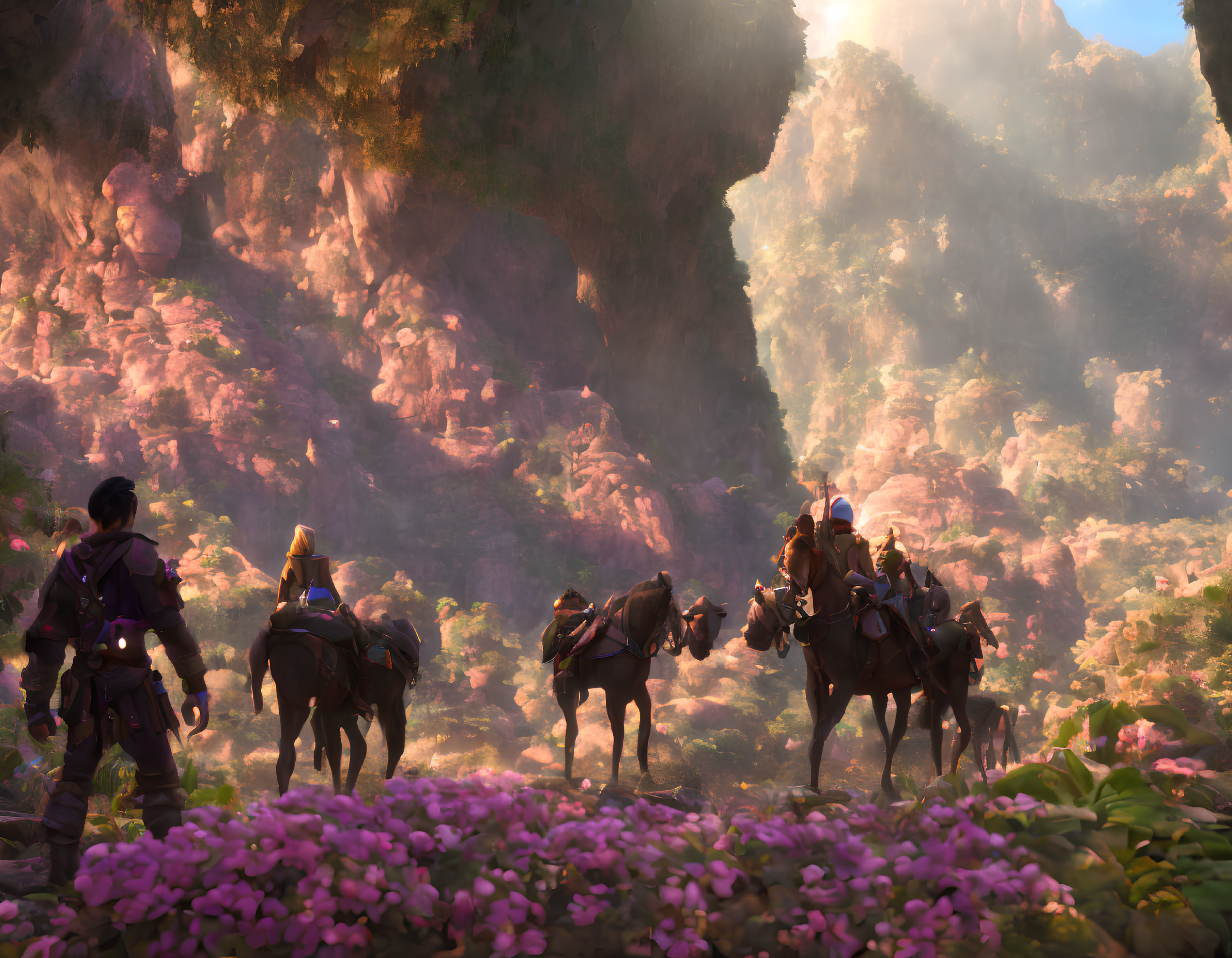 Colorful animated characters riding horses in vibrant valley landscape