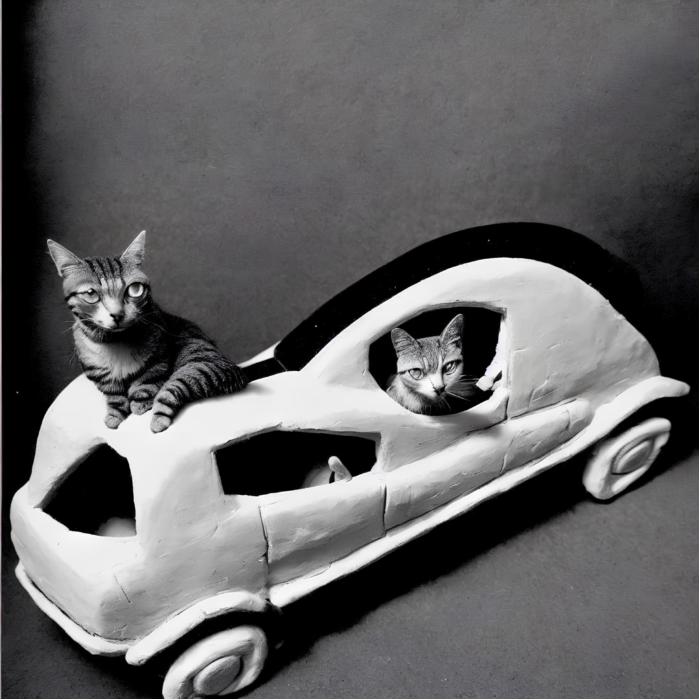 Two Cats Sitting Inside and on Top of White Toy Car on Dark Background