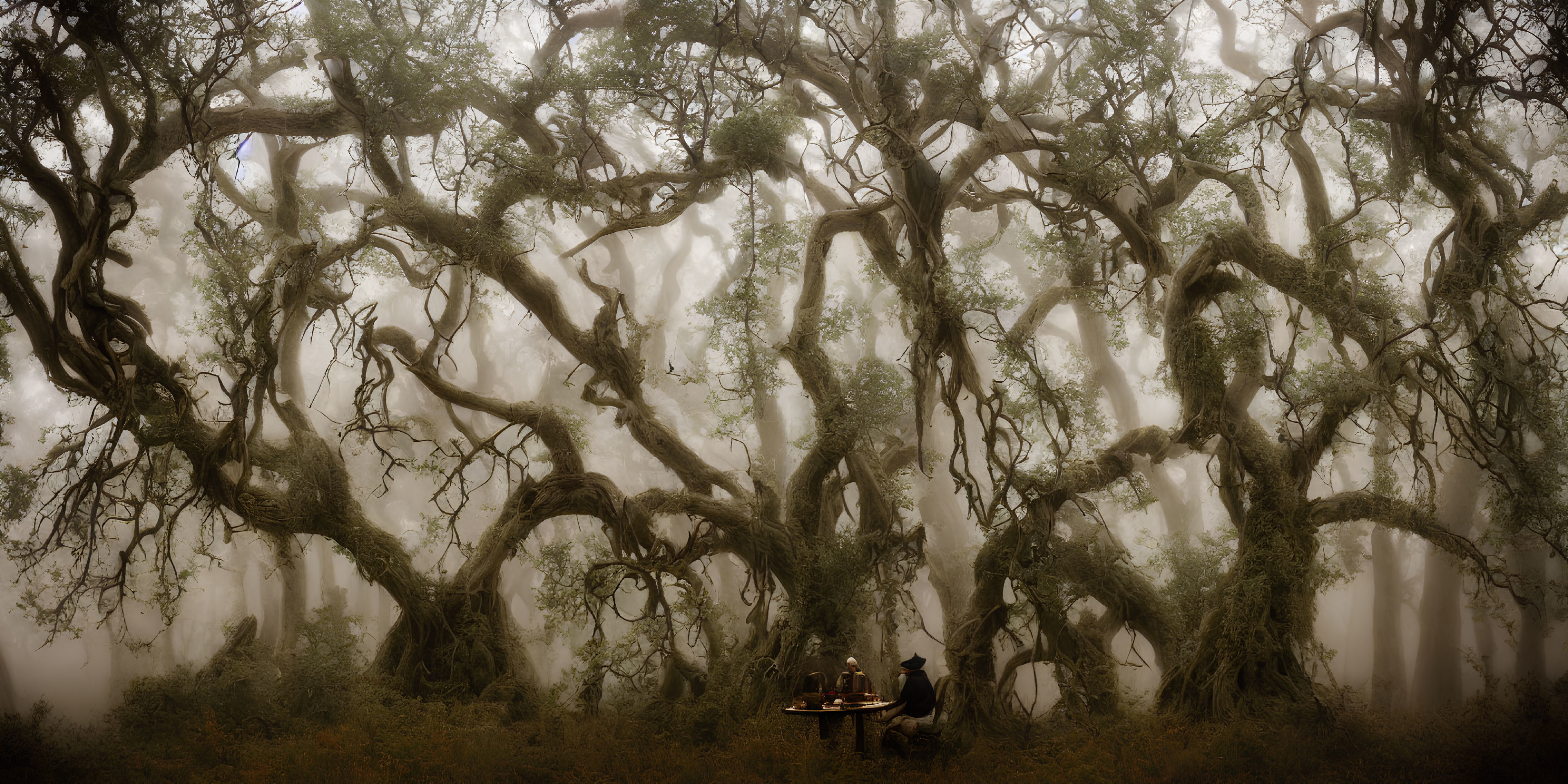 Mystical artwork: Two people at table under twisted, misty trees