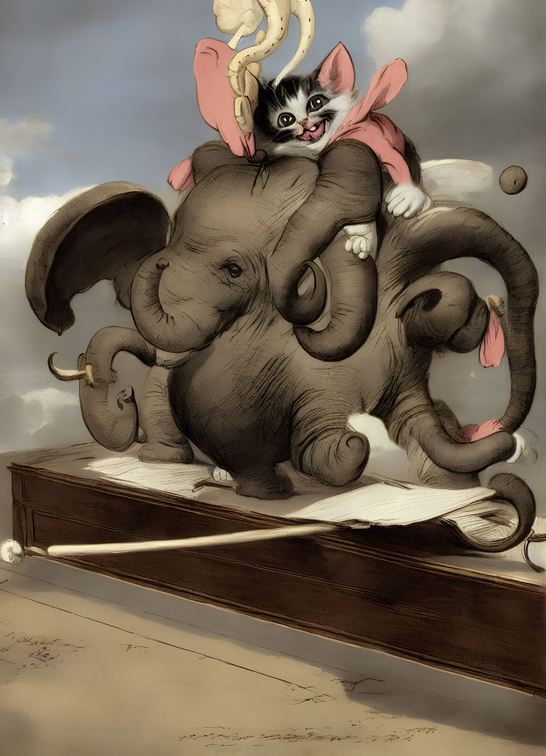 Whimsical illustration: Cat on balancing elephant in circus act